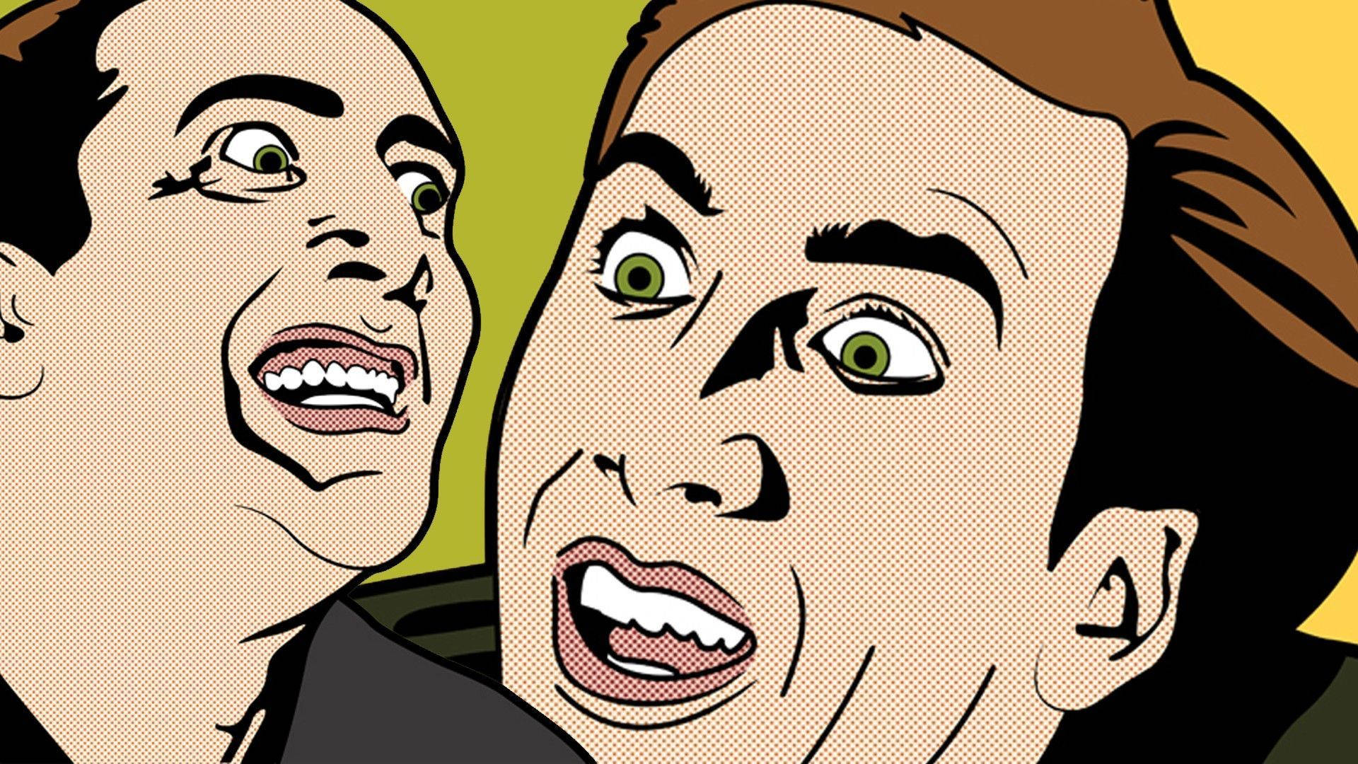 nicolas cage meme 桌布 壁紙 — 兩個睜大眼睛、張開嘴巴的男人以大膽的普普藝術風格尖叫，帶有半色調點和充滿活力的黃綠色背景。