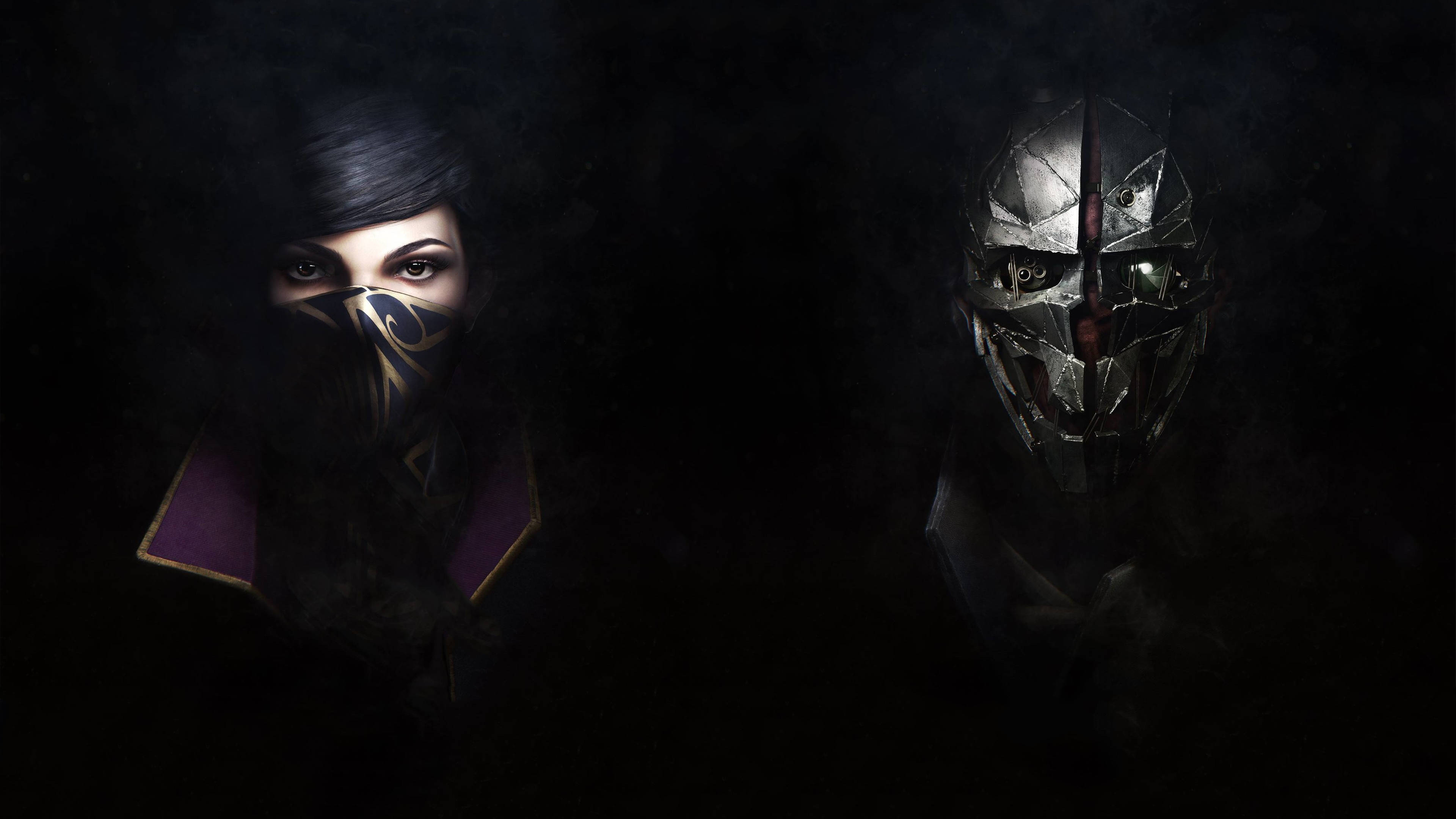 Dishonored 2 桌布 壁紙 — 兩個神秘人物，一個戴著華麗布料面具，另一個穿著金屬盔甲，站在陰影黑暗中。