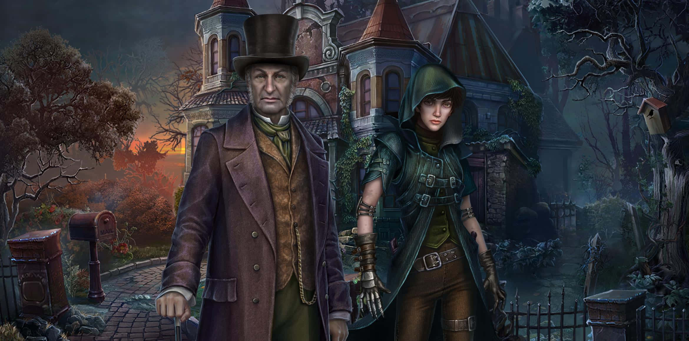 Dark Tales 桌布 壁紙 — 兩個神秘人物在黃昏時分站在一座哥德式大宅前，周圍有詭異的樹木和一扇發光的窗戶。