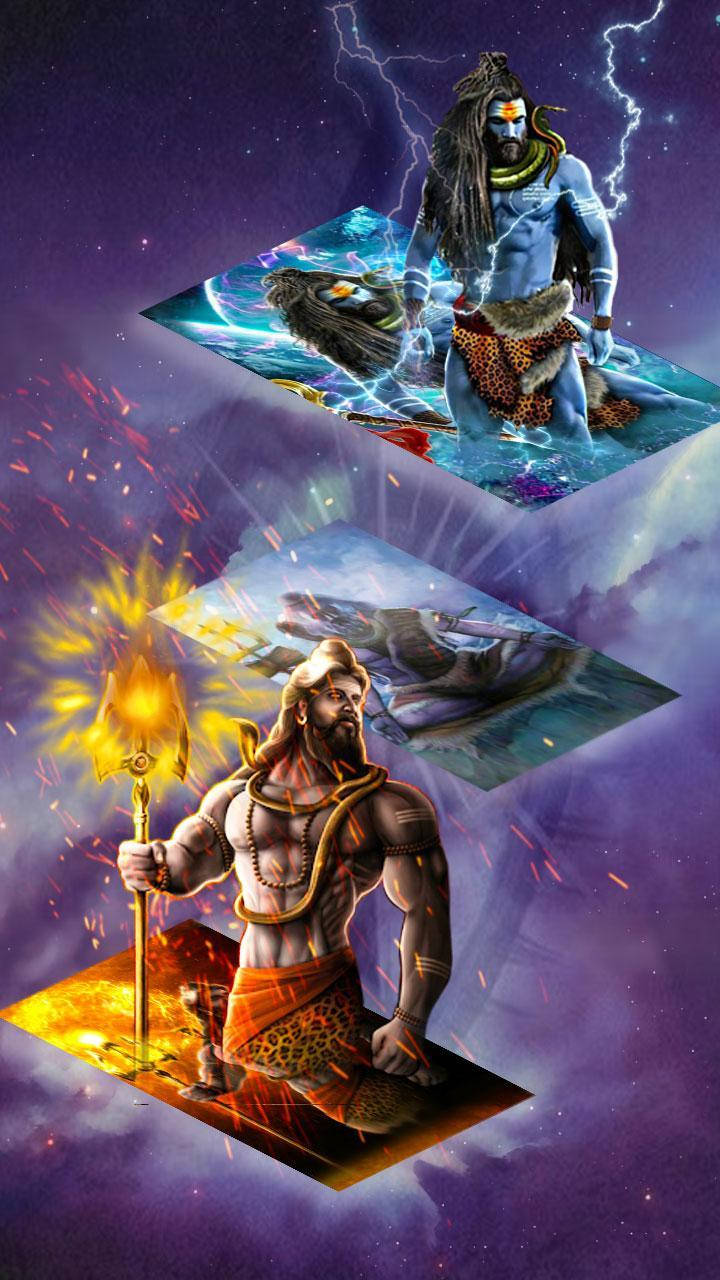 mahakal 3d 桌布 壁紙 — 兩個神聖人物站在漂浮平台上，置身於宇宙能量和閃電之中，背景是繁星點點的紫色天空。