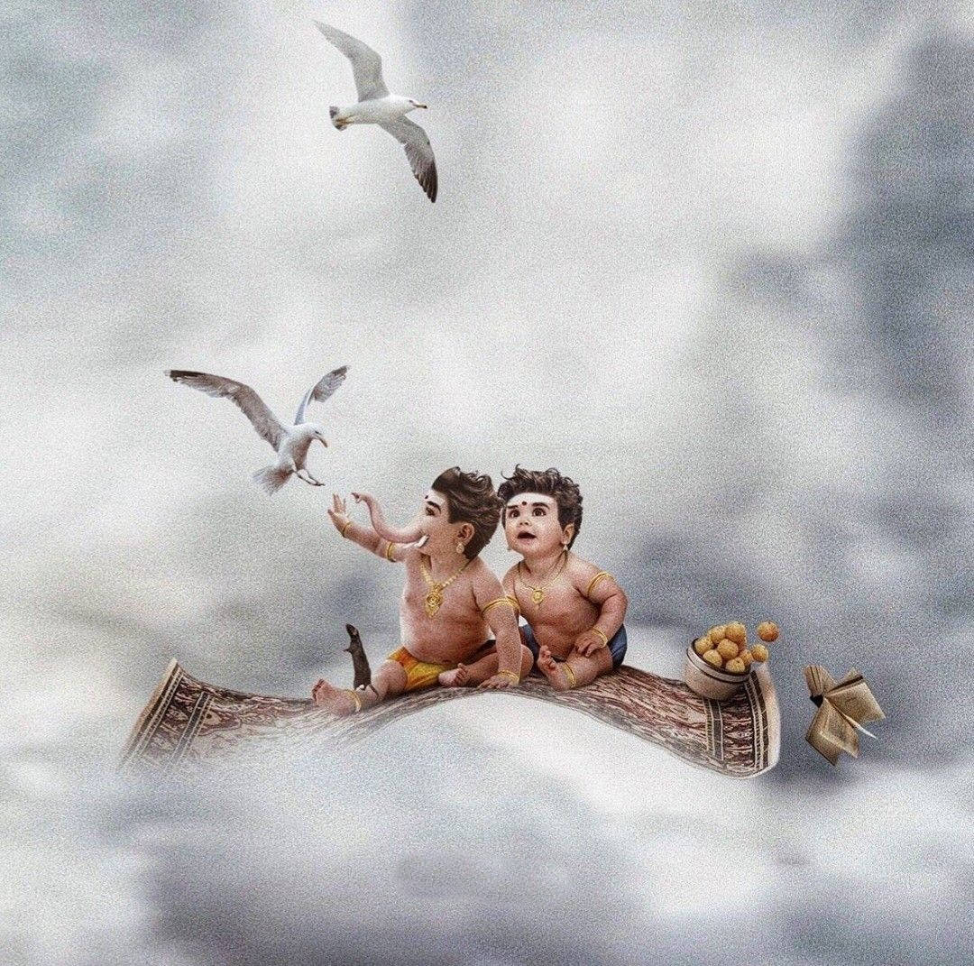 flying 桌布 壁紙 — 兩個神聖的男嬰坐在一張漂浮的地毯上，身處暴風雲中，海鷗在他們周圍翱翔。