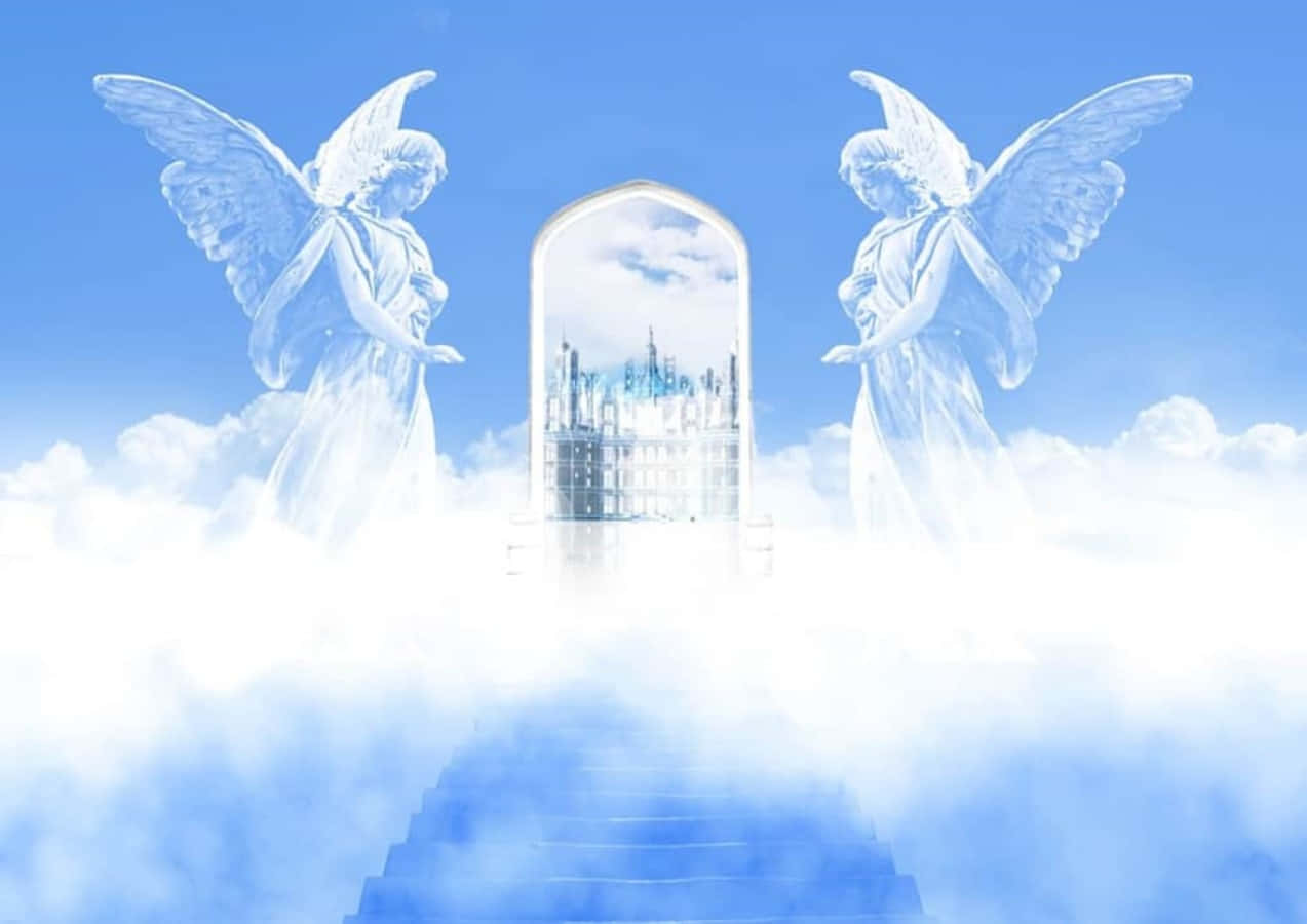 Angels Of God 桌布 壁紙 — 兩個空靈天使守護著雲梯頂部發光的拱形門口，露出藍天下的一座哥德式城堡。