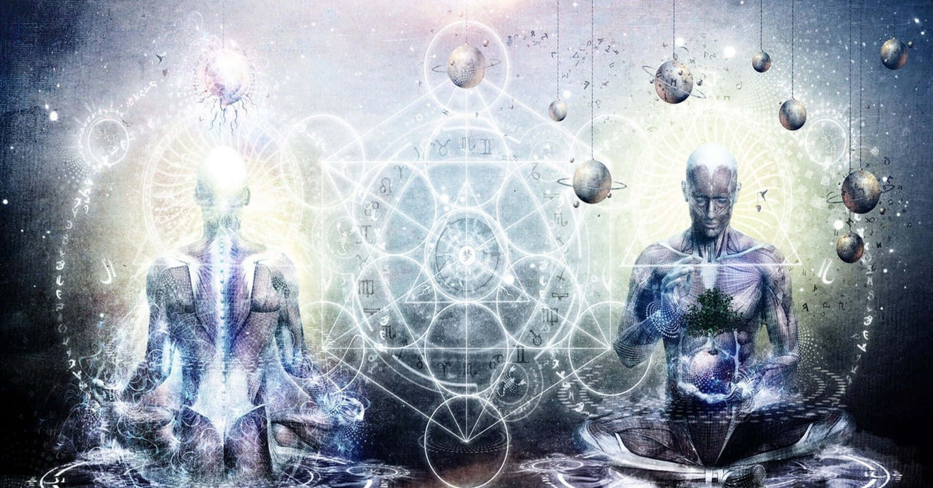 Spiritual Meditation 桌布 壁紙 — 兩個空靈的人形在宇宙虛空中，於漂浮的天體球體和發光的幾何符號之間冥想。