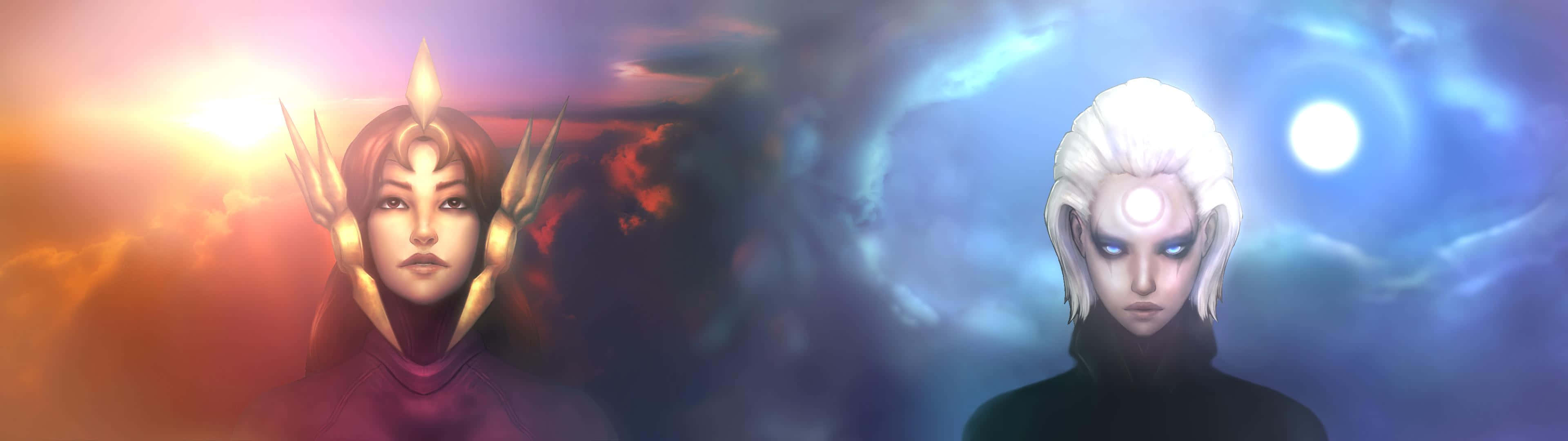 League Of Legends Dual Screen 桌布 壁紙 — 兩個空靈的人物面向正面——一個沐浴在溫暖的日出光中，另一個在清涼的月光雲下——象徵對立的宇宙力量。