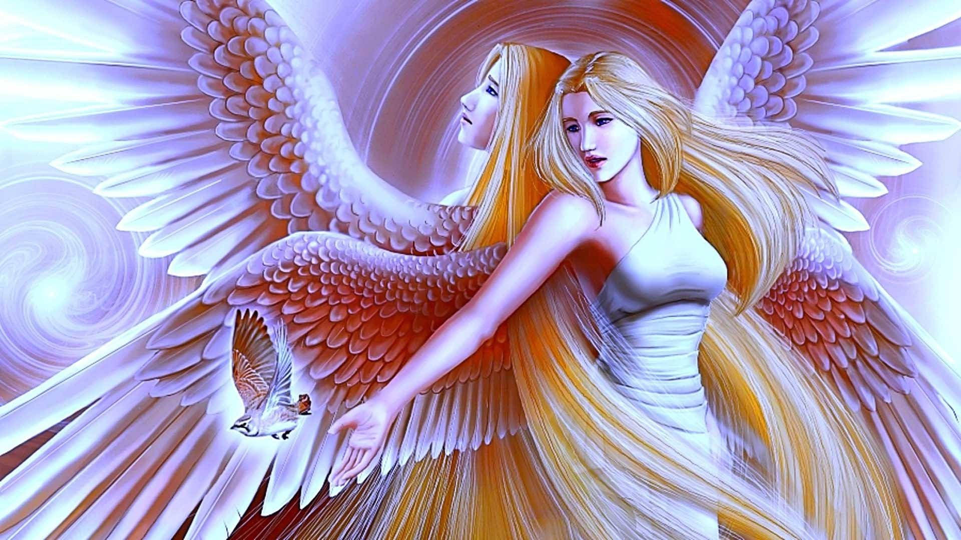 angels 桌布 壁紙 — 兩個空靈的天使形象，擁有寬大的羽翼和飄逸的金色長髮，在旋轉的宇宙光芒中漂浮。