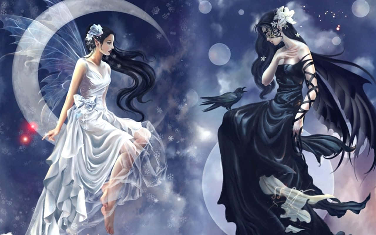 Evil Fairy 桌布 壁紙 — 兩個空靈的女性形象——一個穿著白色，有月亮翅膀；另一個穿著黑色，有烏鴉和蝙蝠翅膀——在繁星點點的夜空中漂浮。