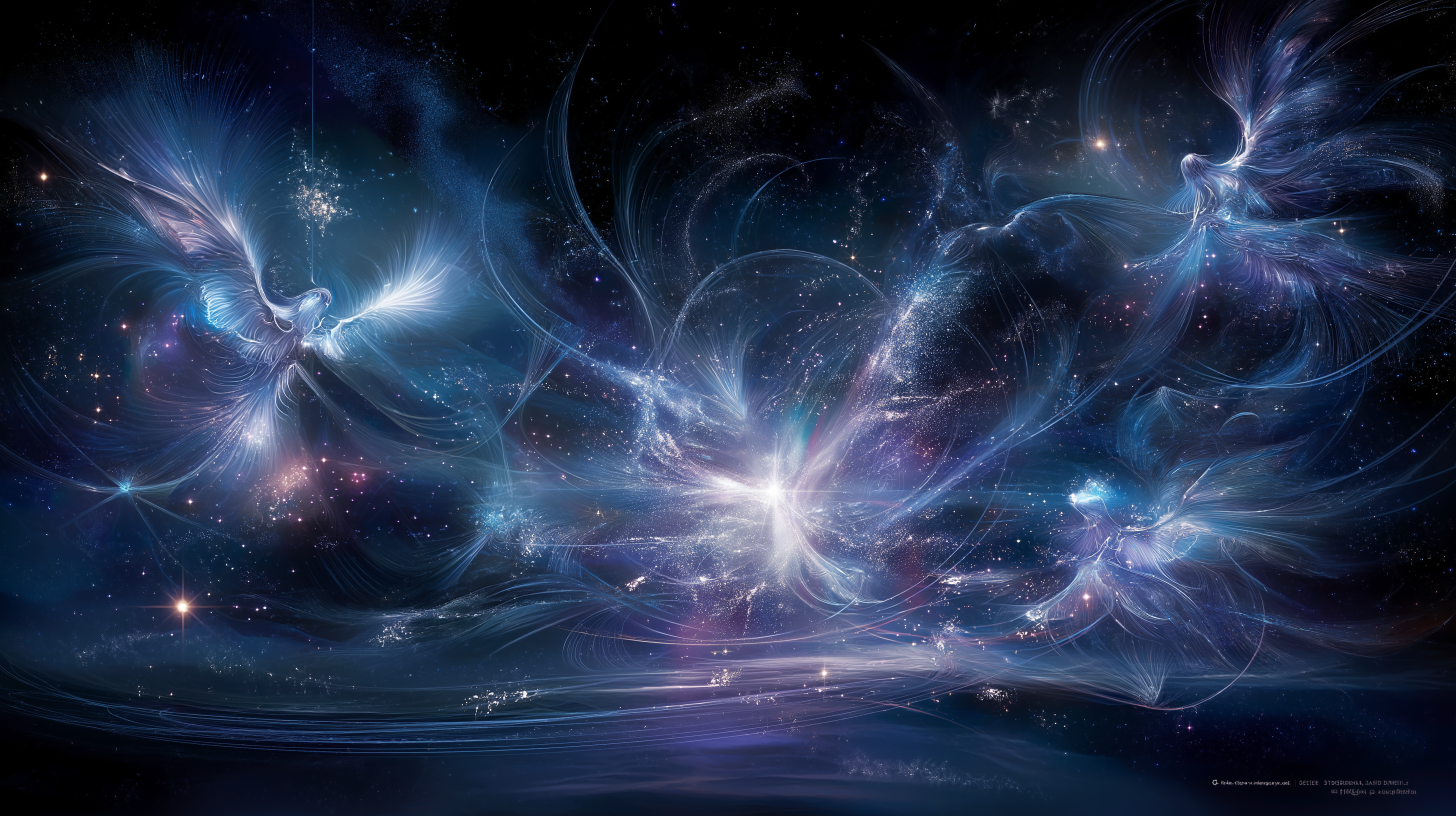 Ethereal 桌布 壁紙 — 兩個空靈的帶翼身影在旋轉的藍色和紫色宇宙星雲中翱翔，伴隨著燦爛的星光。