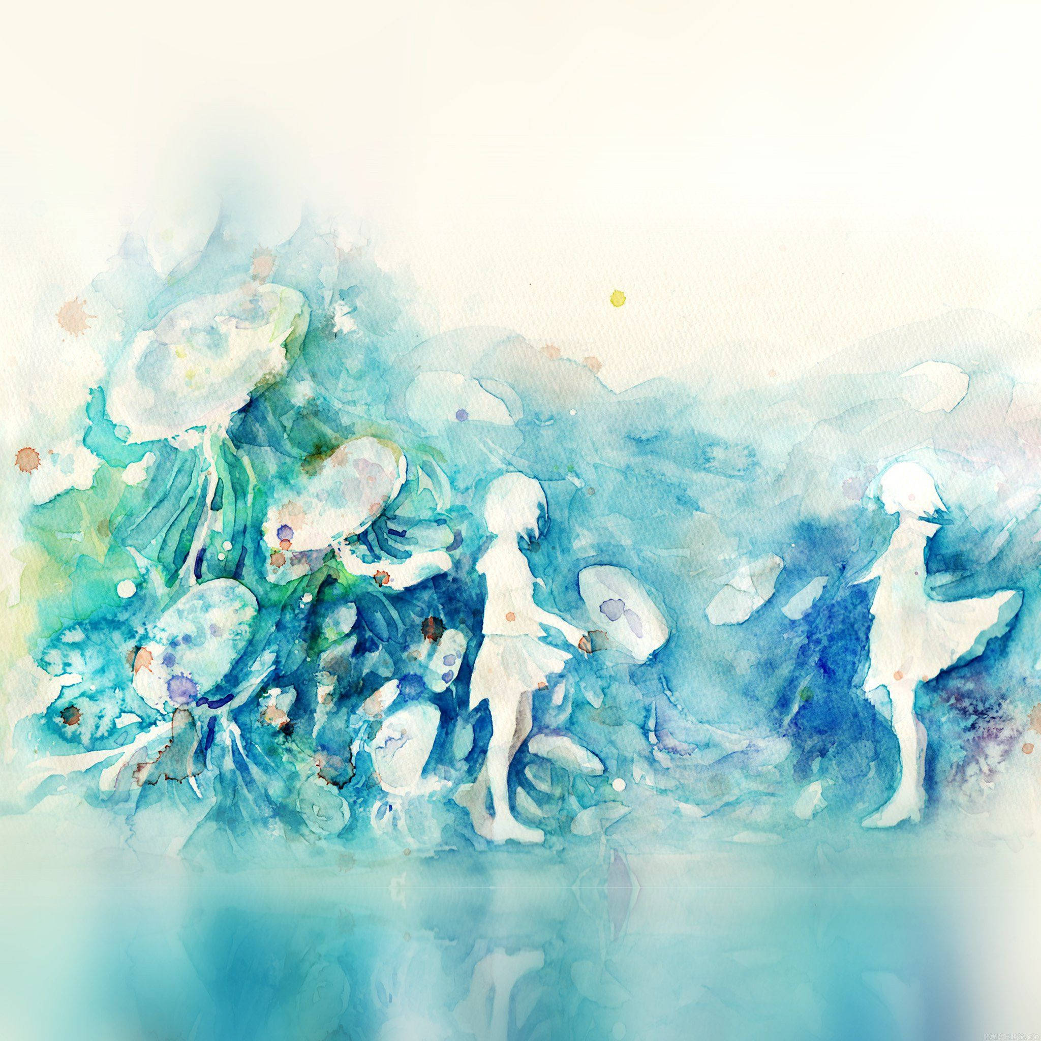 Watercolor 桌布 壁紙 — 兩個空靈的白色身影在旋轉的藍色和綠色水彩花朵中跳舞，下方是柔和發光的天空。