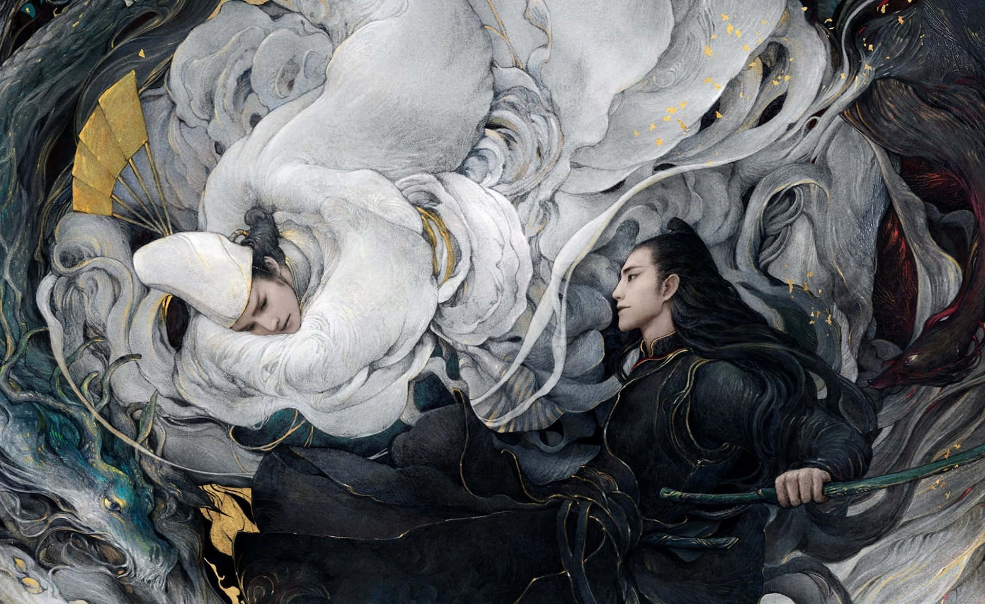 Film 桌布 壁紙 — 兩個空靈的身影在旋轉的雲霧中飄蕩，一個身穿白袍沉睡，另一個身穿黑袍手持劍。