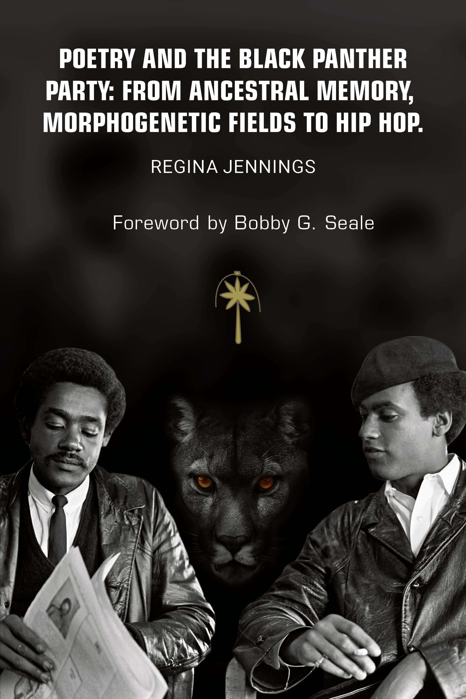 Black Panther Party 桌布 壁紙 — 兩個穿皮夾克的男人在一個黑色封面上夾著一個發光的黑豹頭，這是一本關於黑豹黨歷史和詩歌的書。