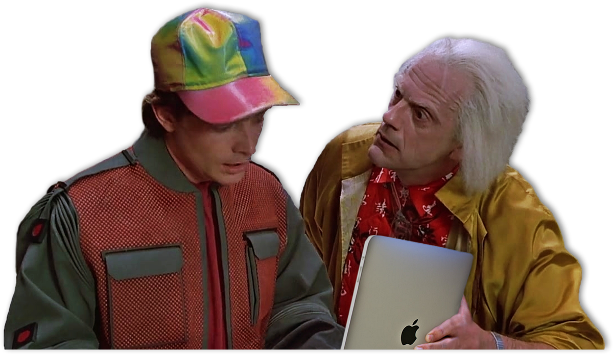 回到未來 桌布 壁紙 — 兩個穿著1980年代科幻服裝的男人，在黑色背景下專注地盯著一部帶有彩虹帽和黃色外套的筆記型電腦。