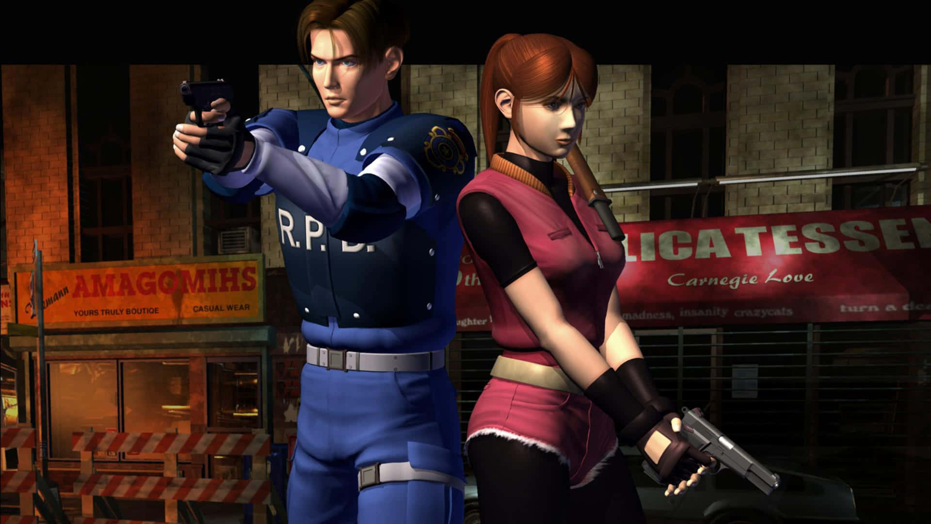 Resident Evil Revelations 2 桌布 壁紙 — 兩個穿著R.P.D.制服的電子遊戲角色在夜晚的霓虹燈城市小巷中，對著商店門面瞄準手槍。