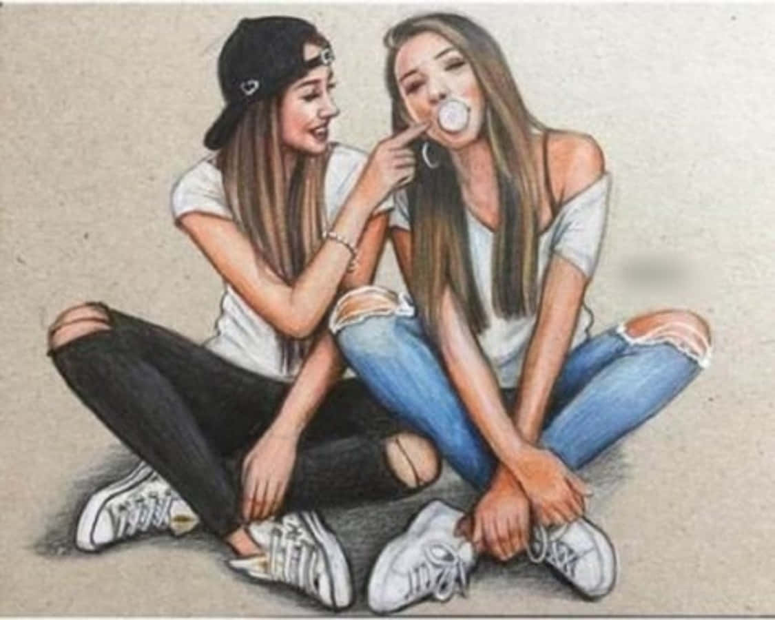 摯友 桌布 壁紙 — 兩個穿著休閒服的女孩盤腿坐在地板上，分享著泡泡糖的時刻，臉上帶著頑皮的笑容。