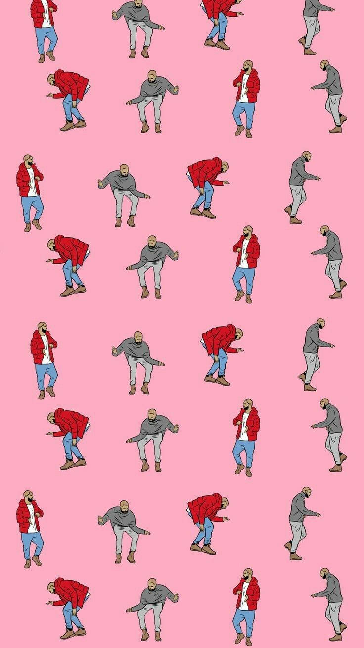 Drake 桌布 壁紙 — 兩個穿著休閒服裝的男人在純粉紅色背景上以動態姿勢跳舞的重複圖案。