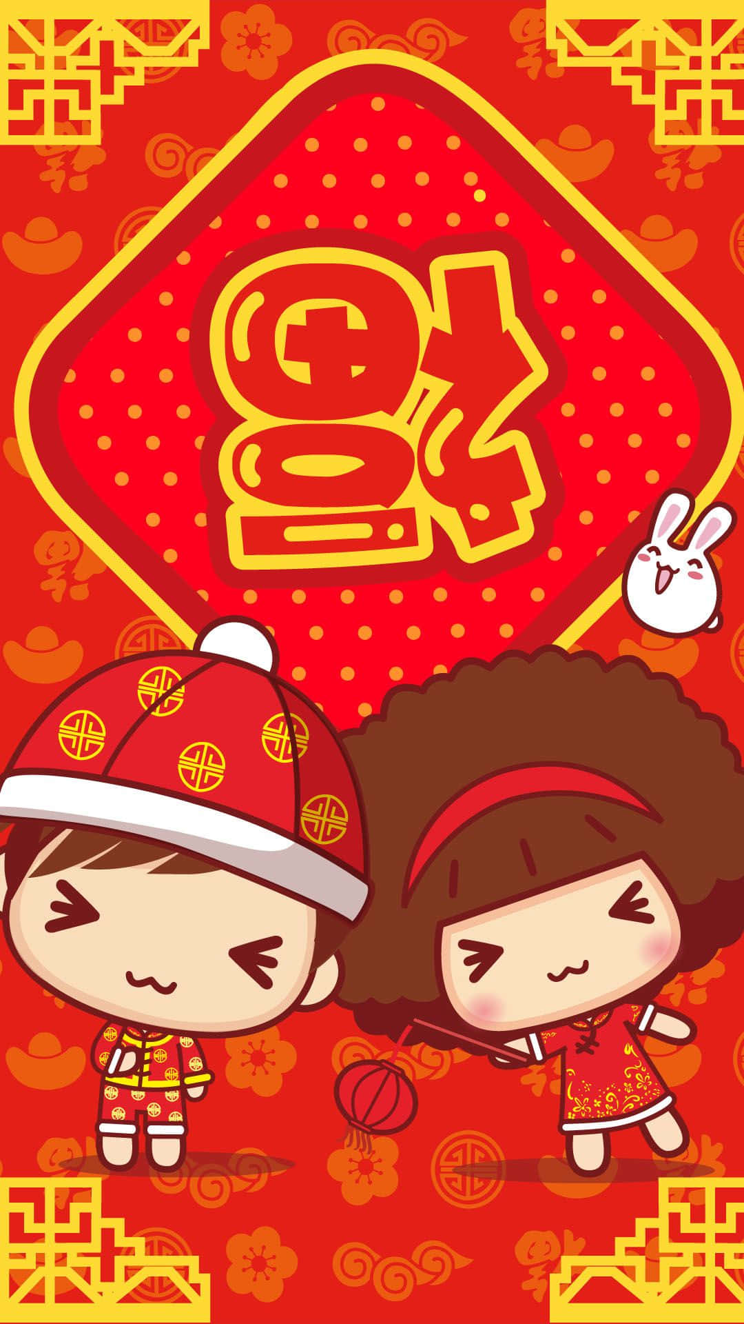 桌布 壁紙 — 兩個穿著傳統中國服裝的可愛卡通小孩，與兔子和節日紅色裝飾一起慶祝農曆新年。