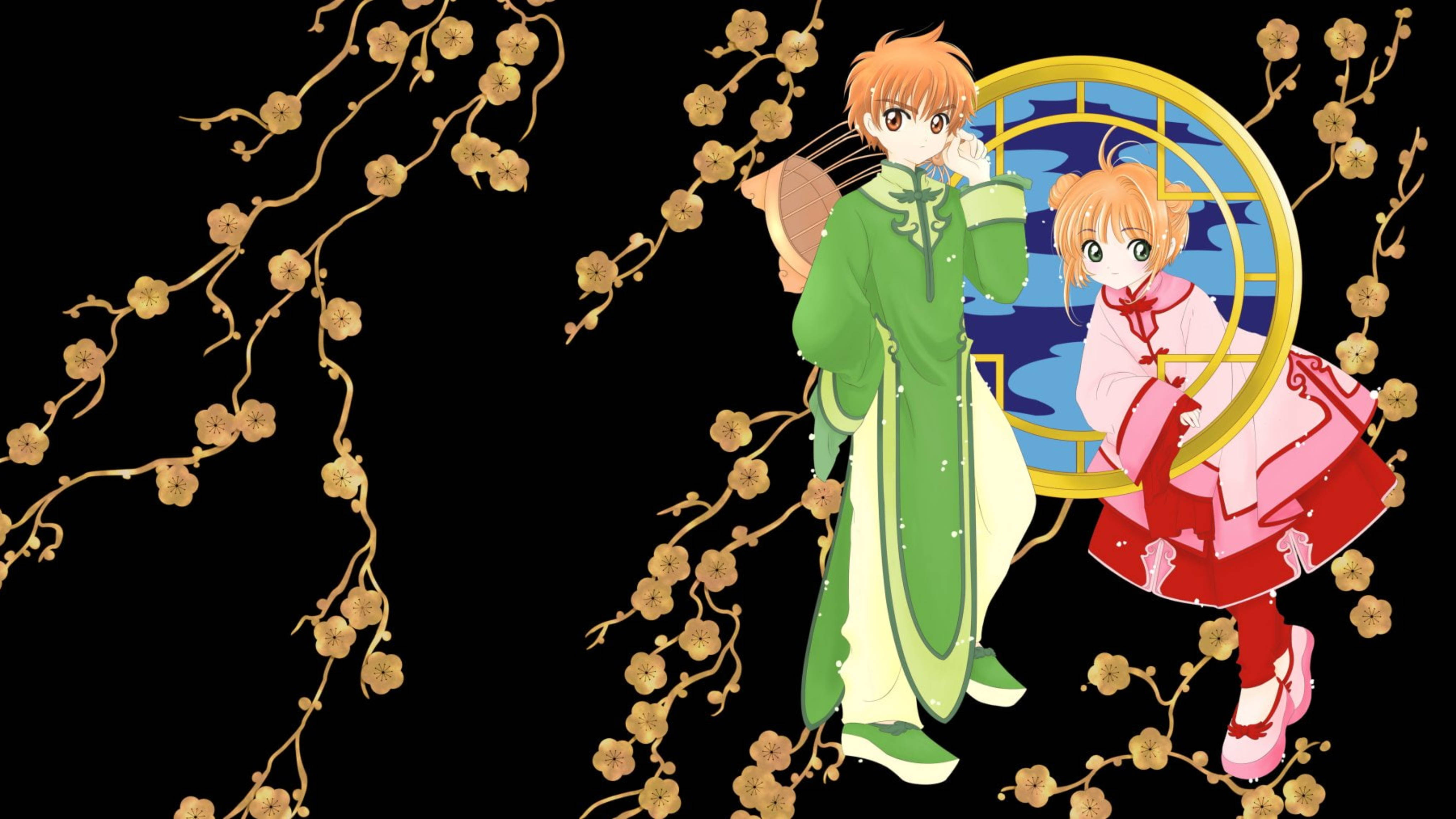 Cardcaptor 桌布 壁紙 — 兩個穿著傳統中國服飾的動漫角色站在黑色背景上的金色櫻花中。