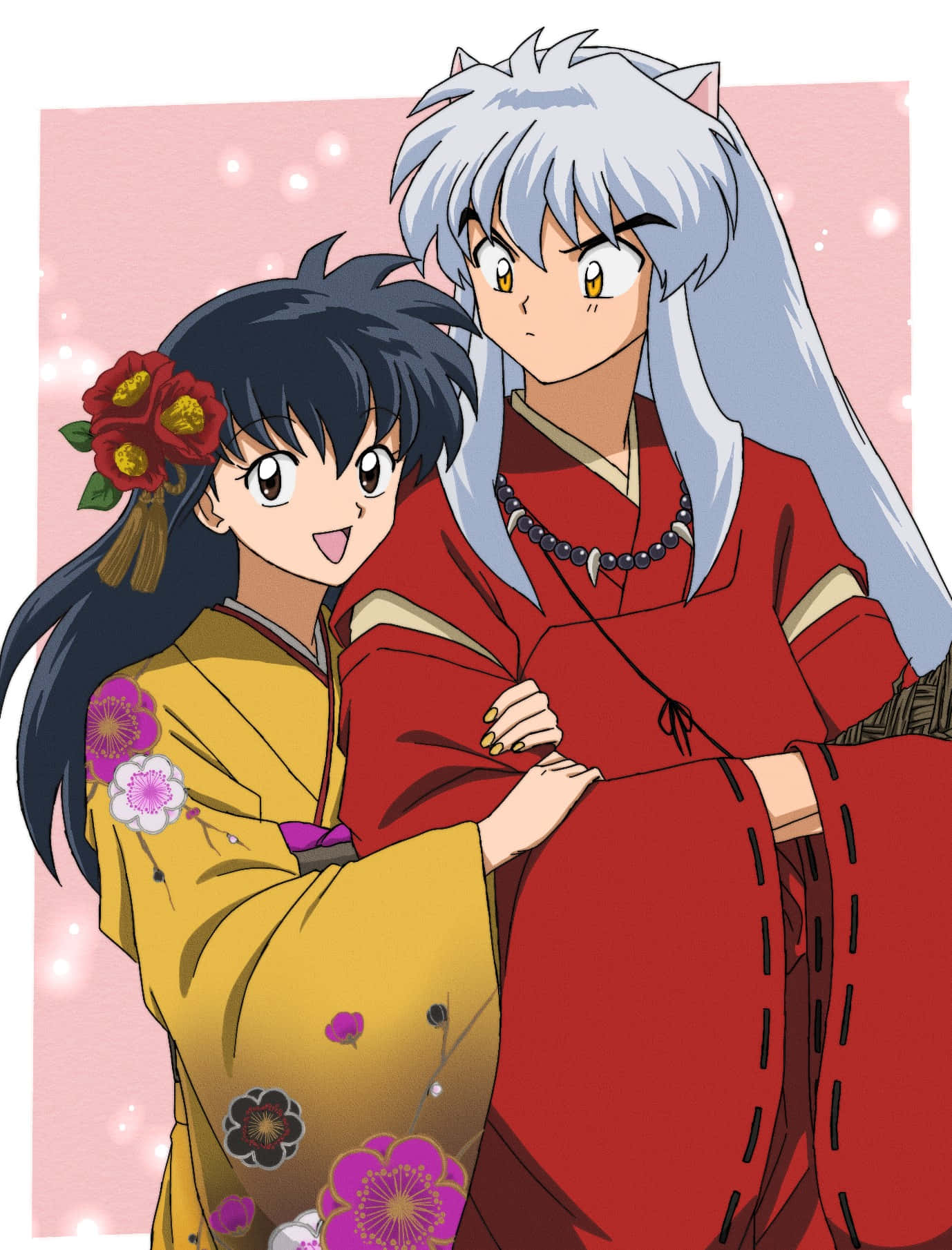 Inuyasha And Kagome 桌布 壁紙 — 兩個穿著傳統和服的動漫角色在柔和的粉紅色閃亮背景中溫暖地擁抱。
