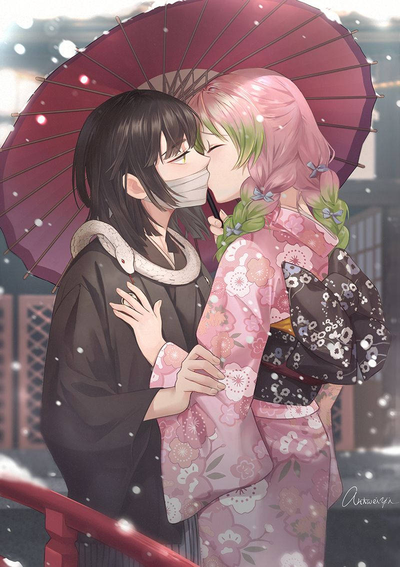 Umbrella 桌布 壁紙 — 兩個穿著傳統和服的動漫角色在紅傘下親吻，雪花輕輕飄落在他們周圍。