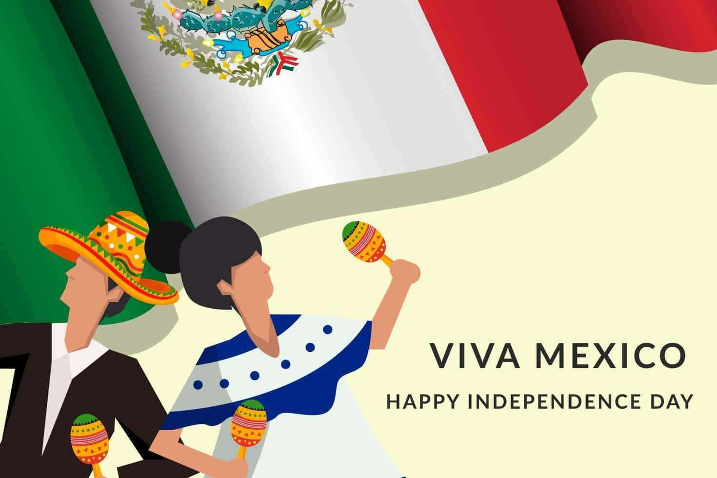 Viva Mexico 桌布 壁紙 — 兩個穿著傳統墨西哥服飾的人物在飄揚的墨西哥國旗下演奏沙槌，國旗上寫有「Viva Mexico」字樣。