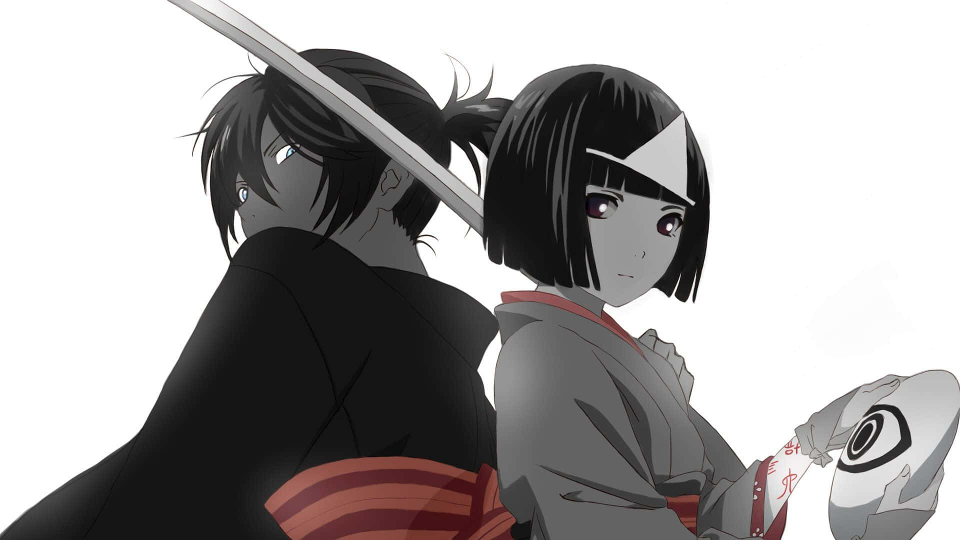 Noragami 桌布 壁紙 — 兩個穿著傳統日本服裝的動漫角色背對背站立，一個拿著劍，另一個拿著面具，背景是純白色。