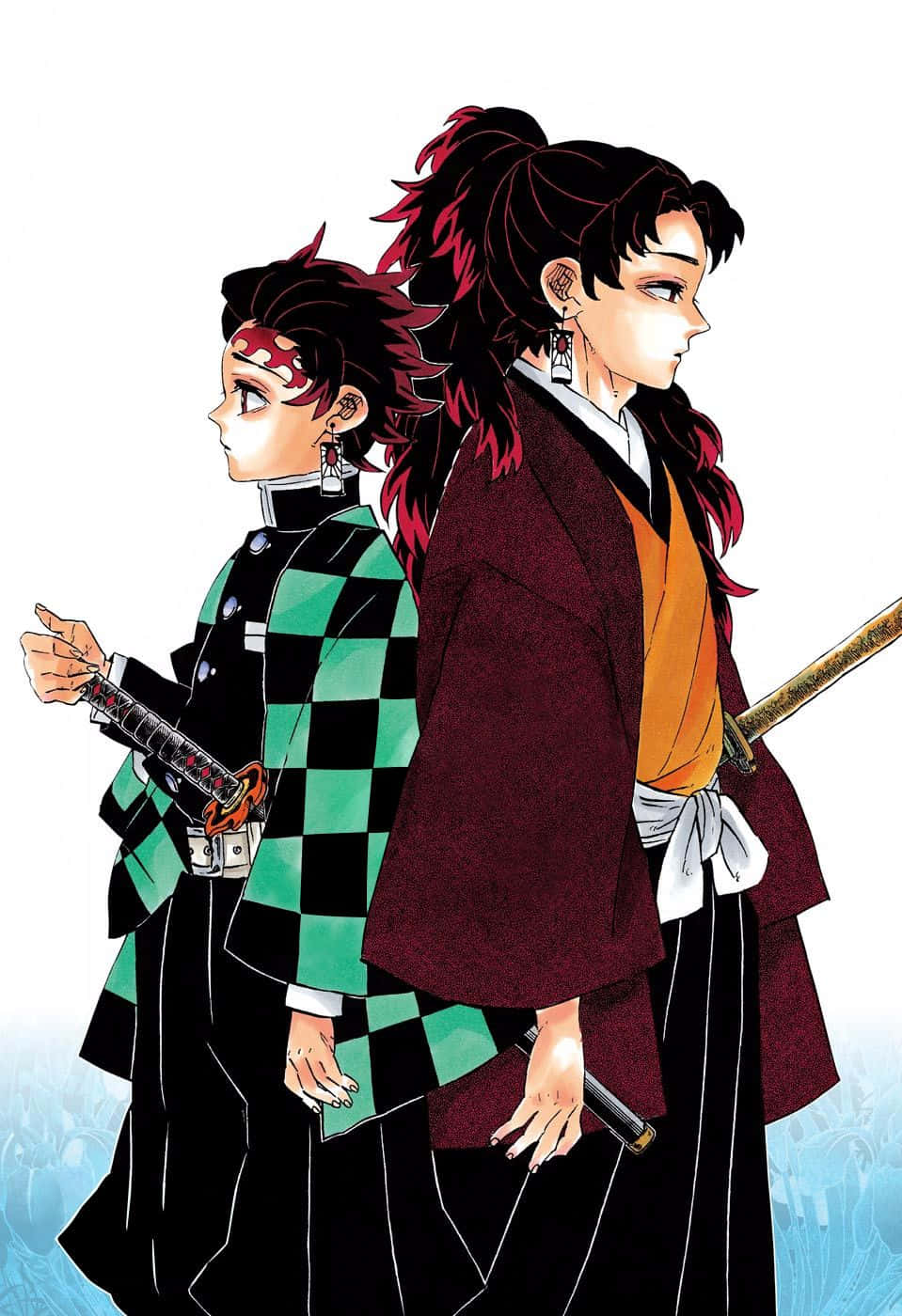 Yoriichi Tsugikuni 桌布 壁紙 — 兩個穿著傳統日本服飾的動漫角色並肩站立，手持劍，背景是藍色水面。