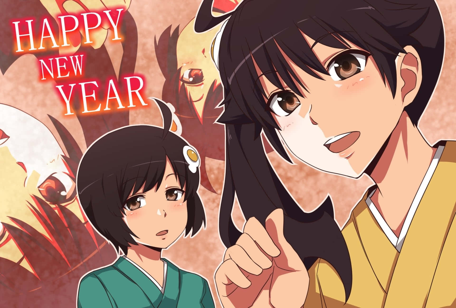 Monogatari 桌布 壁紙 — 兩個穿著傳統日本服飾的動漫角色在喜慶的紅色和金色背景前微笑，並帶有「Happy New Year」文字。