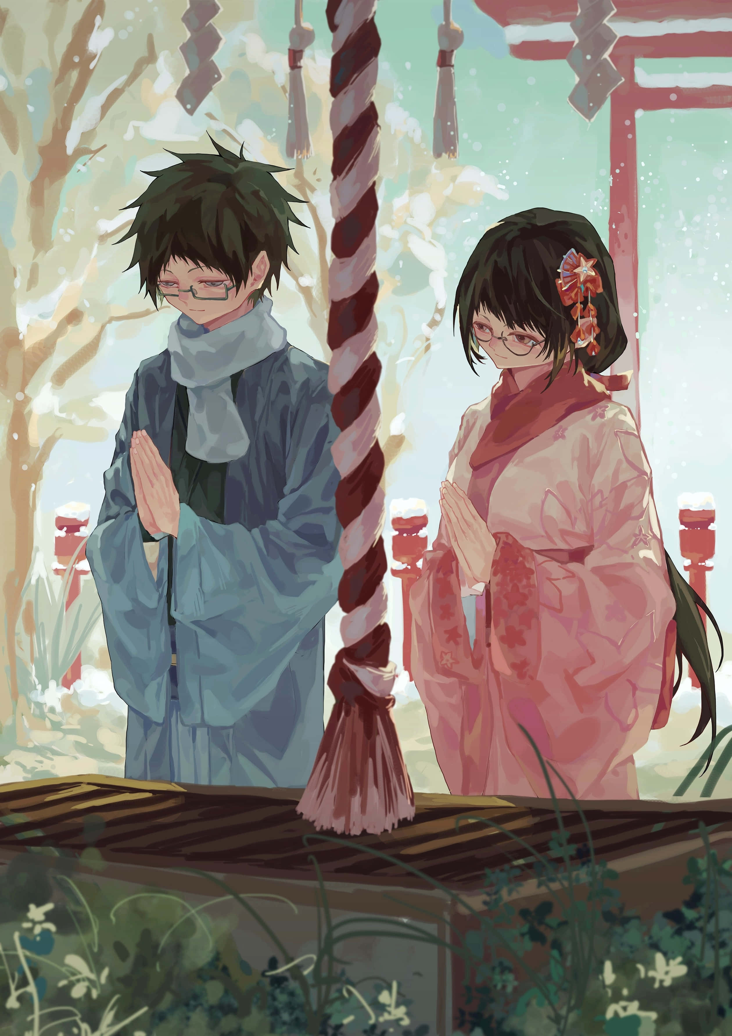 Mikado Ryuugamine 桌布 壁紙 — 兩個穿著傳統日本服飾的動漫角色在雪天的冬日於神社祈禱。