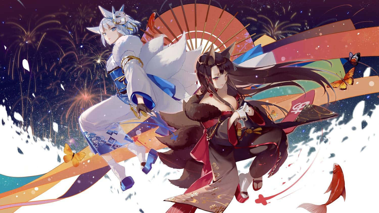 動漫角色 桌布 壁紙 — 兩個穿著傳統日本服飾的動漫角色在星空下，在煙火和彩色絲帶中跳舞。