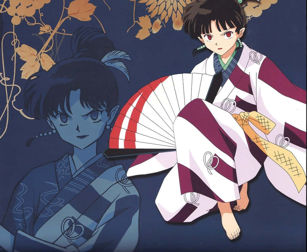 Inuyasha Kagura 桌布 壁紙 — 兩個穿著傳統日本服飾的動漫角色坐在深藍色背景前，背景有秋葉和藤蔓。