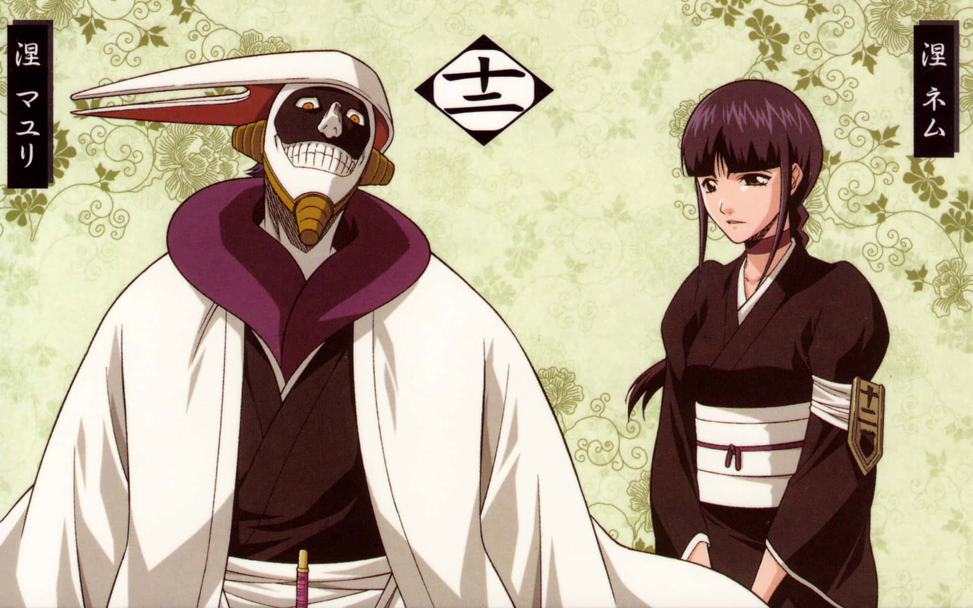 Mayuri Kurotsuchi 桌布 壁紙 — 兩個穿著傳統日本服飾的動漫角色站在花卉壁紙背景前。