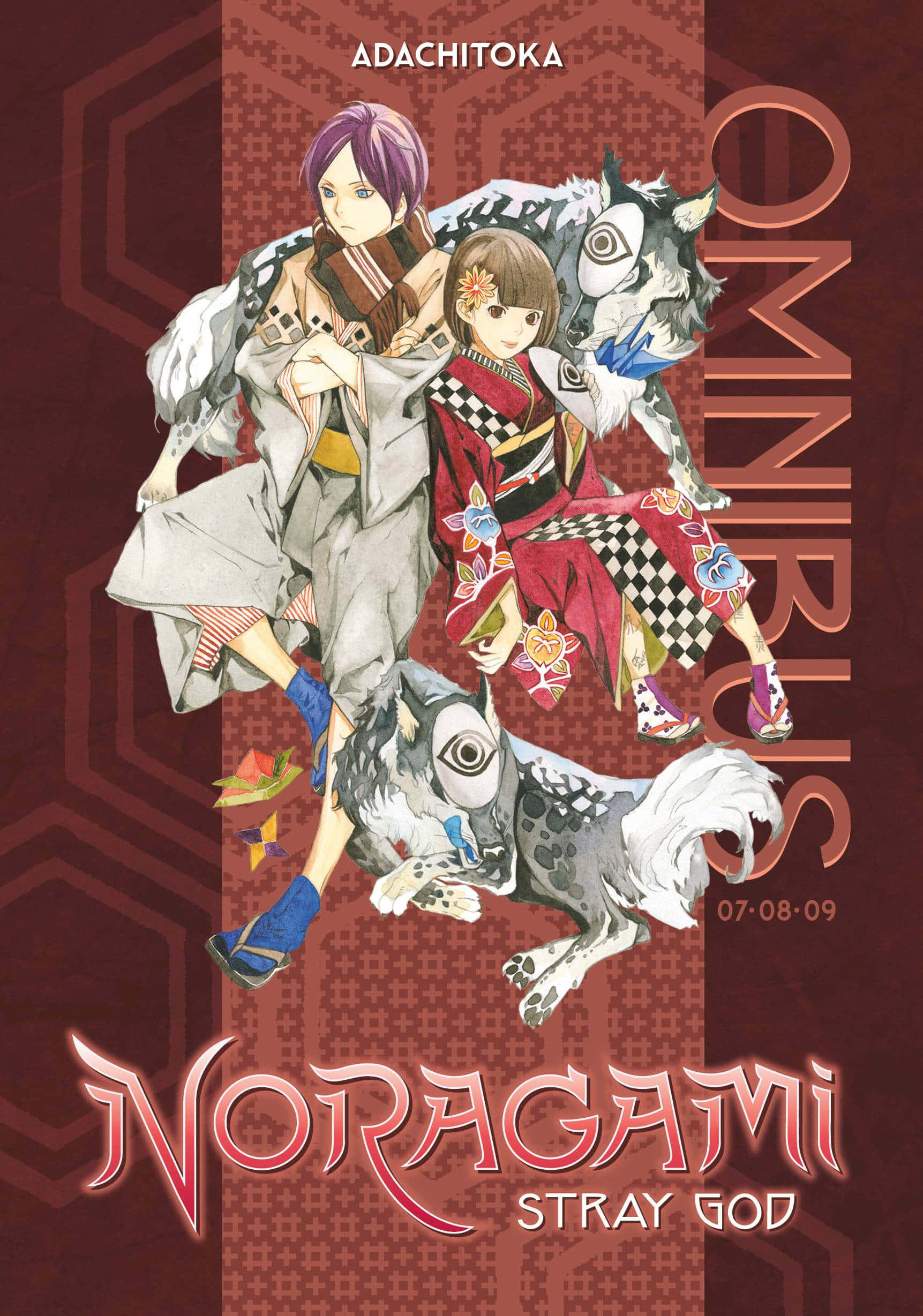 Noragami 桌布 壁紙 — 兩個穿著傳統日本服飾的動漫角色與神秘的狼狀生物站在幾何紅色背景前。