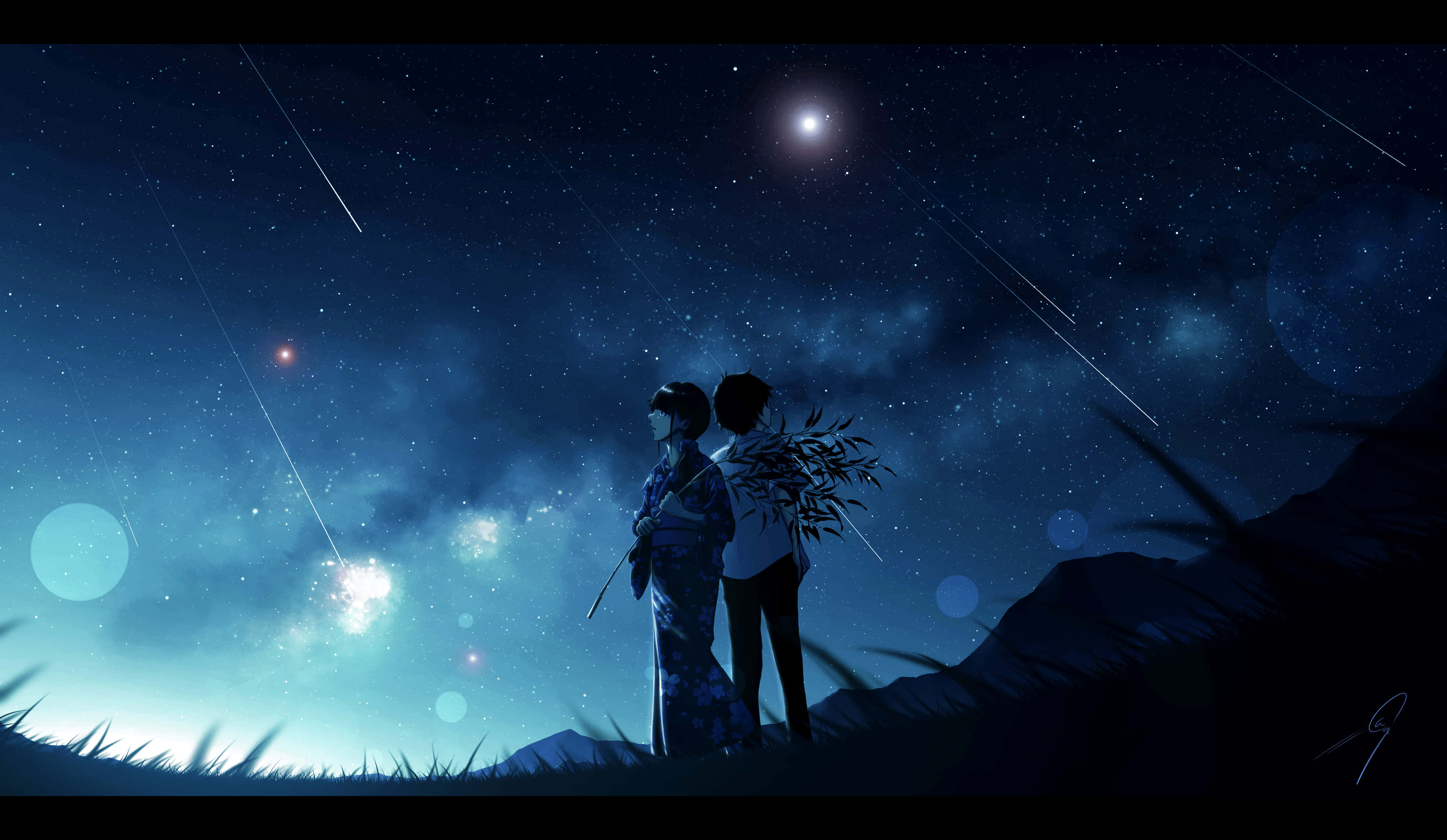 Cool Anime Blue 桌布 壁紙 — 兩個穿著傳統服飾的人物在繁星點點的夜空下，站在山頂上形成剪影，夜空中有流星和發光的星雲。