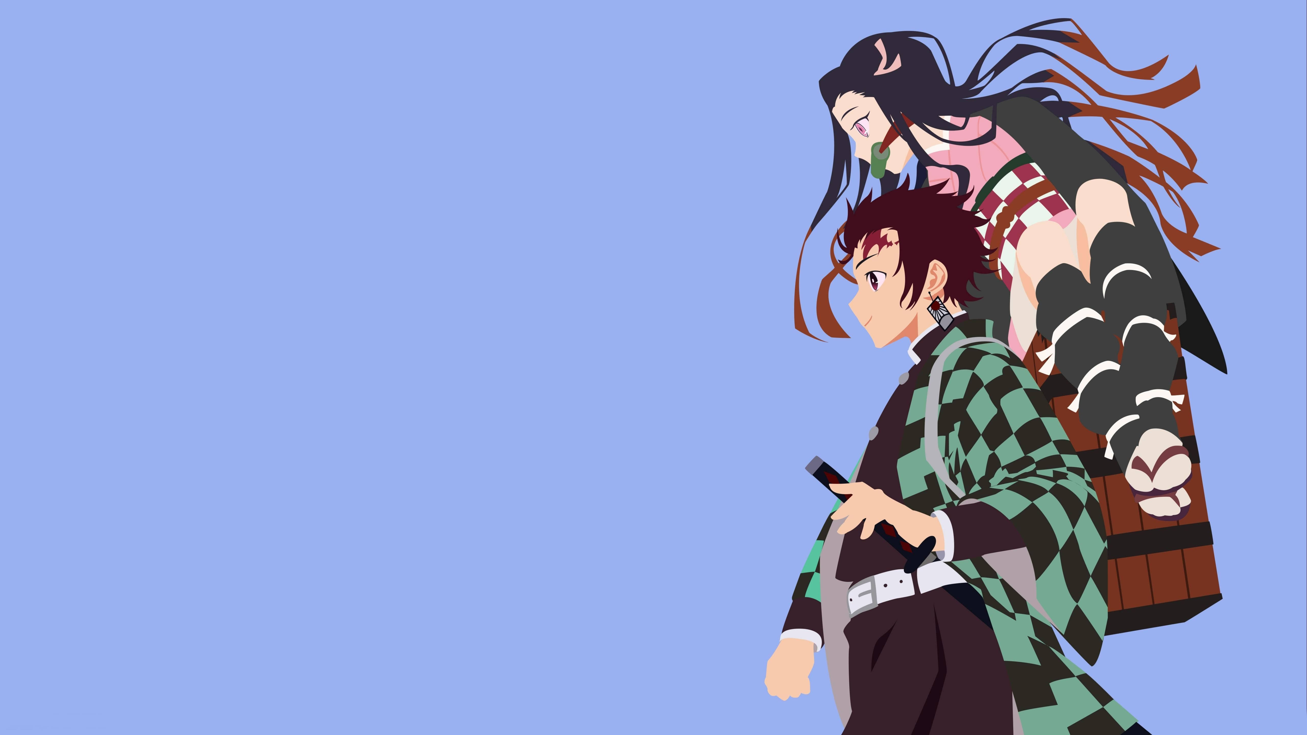 vector 桌布 壁紙 — 兩個穿著傳統服飾的動漫角色並肩站立，背景為純藍色，頭髮飄逸，服飾精緻。