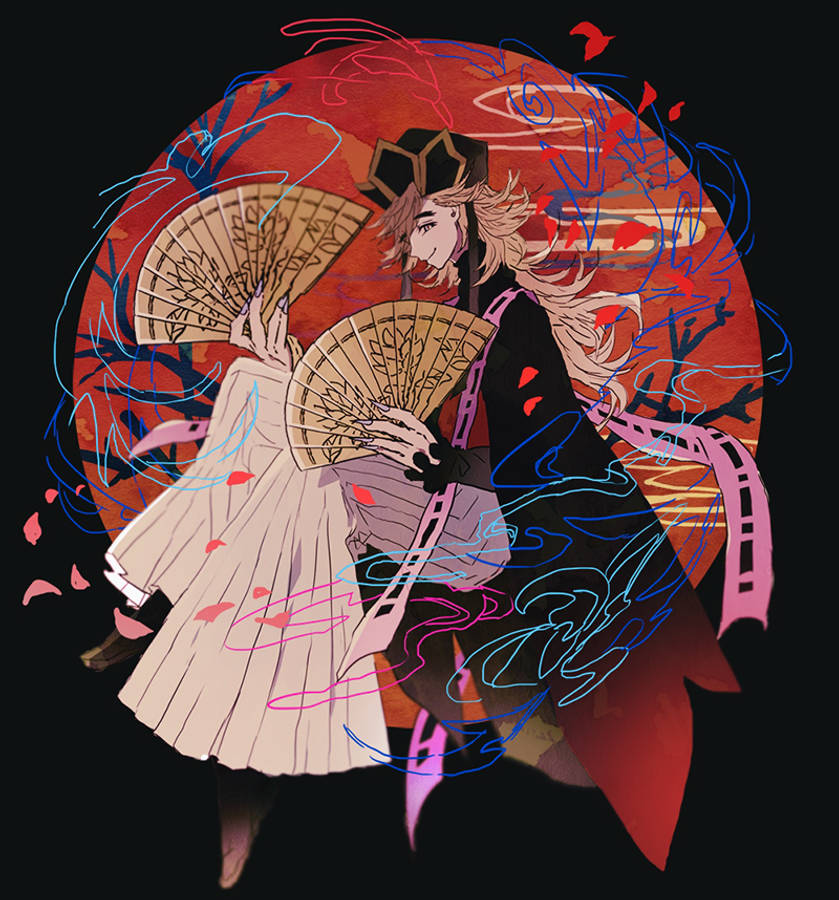 童磨 桌布 壁紙 — 兩個穿著傳統服飾的動漫角色在旋轉的紅藍宇宙背景下手持扇子，花瓣飄落。