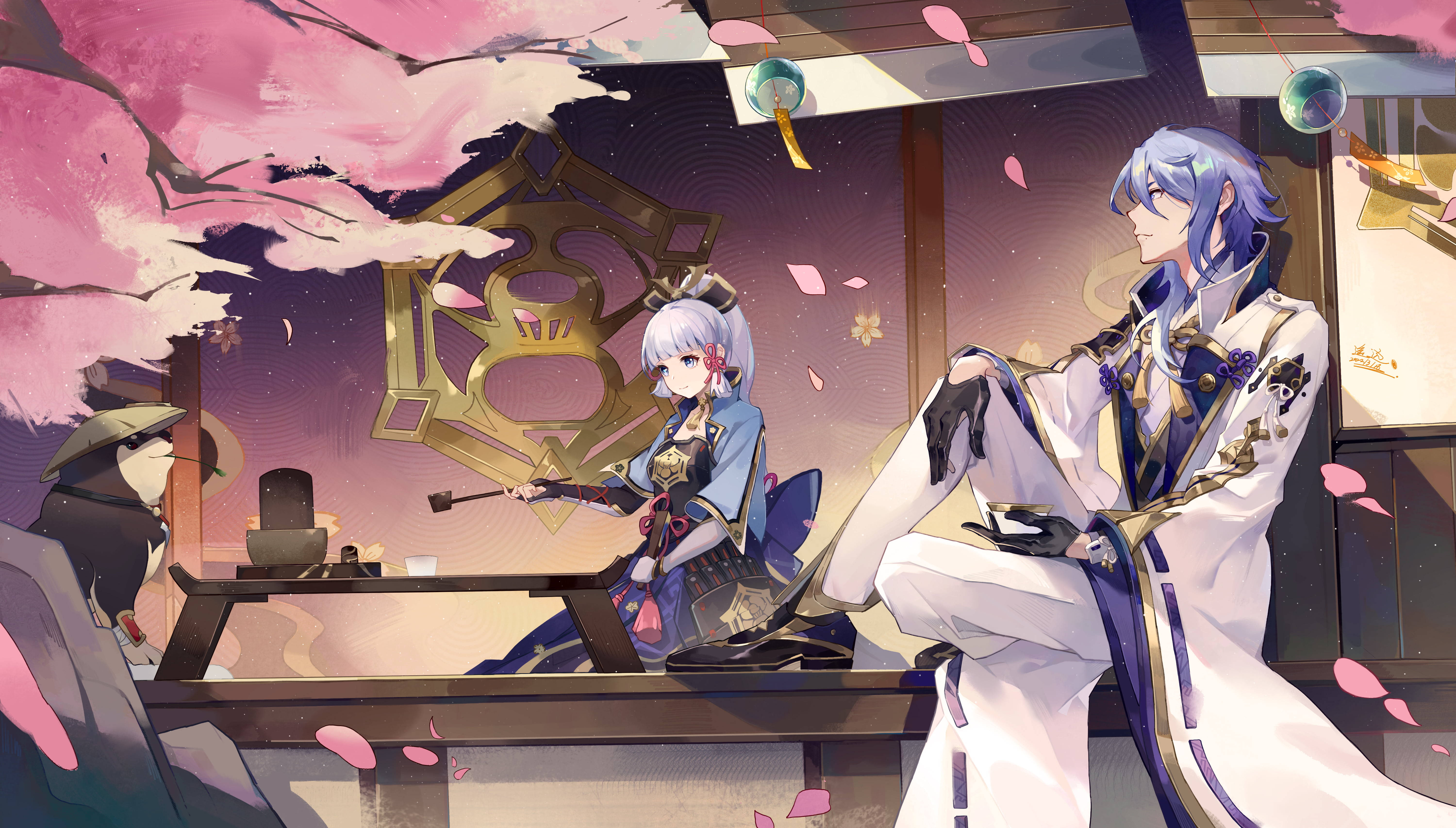 ayato 桌布 壁紙 — 兩個穿著傳統服飾的動漫角色坐在一個充滿櫻花、飄浮花瓣和發光燈籠的房間裡。