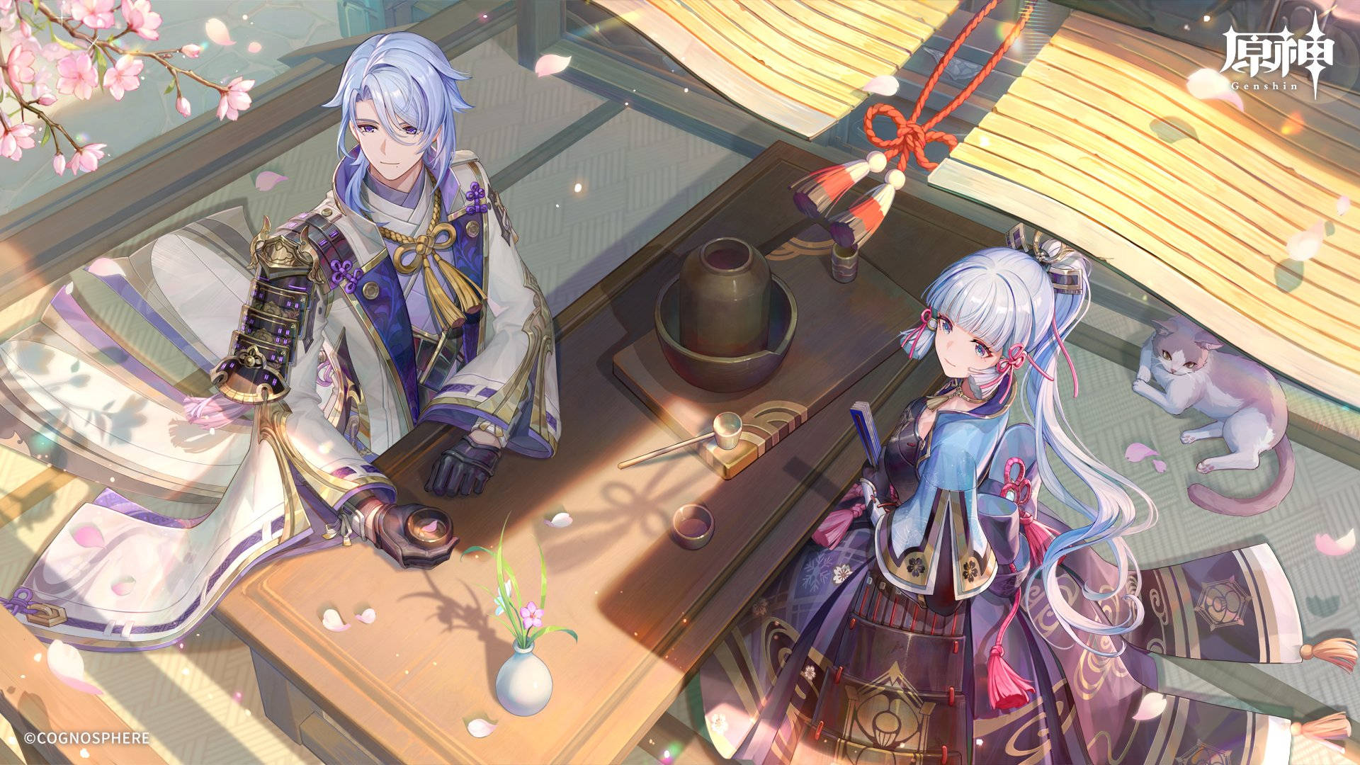 電玩遊戲 桌布 壁紙 — 兩個穿著傳統服飾的動漫角色坐在櫻花樹下的木桌旁，附近有一隻貓。