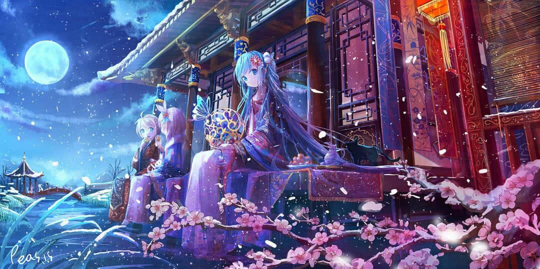 桌布 壁紙 — 兩個穿著傳統長袍的動漫女孩坐在月光照耀的寶塔陽台上，周圍是滿月下飄落的櫻花。