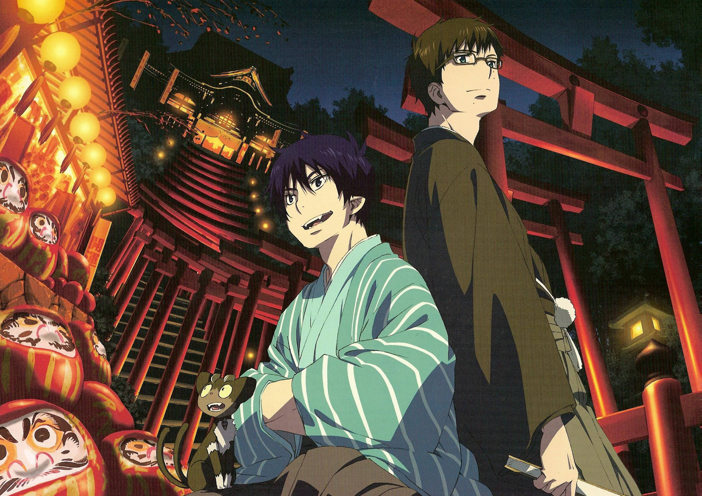 Blue Exorcist 桌布 壁紙 — 兩個穿著傳統長袍的動漫男孩在夜晚站在日本神社前，面對發光的紅色鳥居和燈籠。