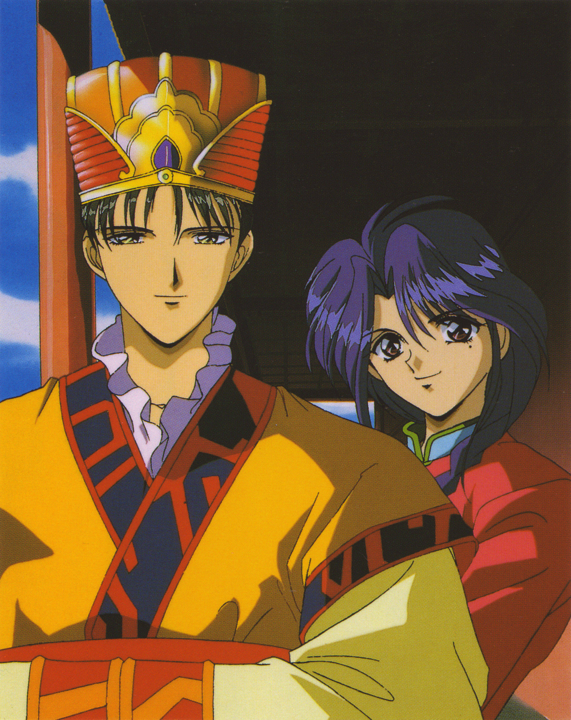 Fushigi Yuugi 桌布 壁紙 — 兩個穿著傳統長袍的動漫角色，其中一個戴著王冠，在黑暗背景前緊密站在一起，背景可見藍天。