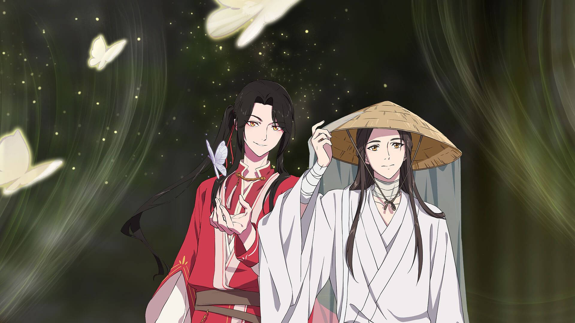 hua cheng 桌布 壁紙 — 兩個穿著傳統長袍的動漫角色，在星空下站在發光的蝴蝶和旋轉的綠色薄霧中。