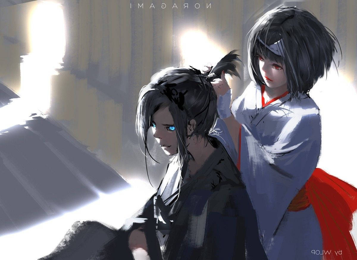 Noragami 桌布 壁紙 — 兩個穿著傳統長袍的動漫角色在戲劇性的背光下，帶著柔和陰影共享寧靜時刻。