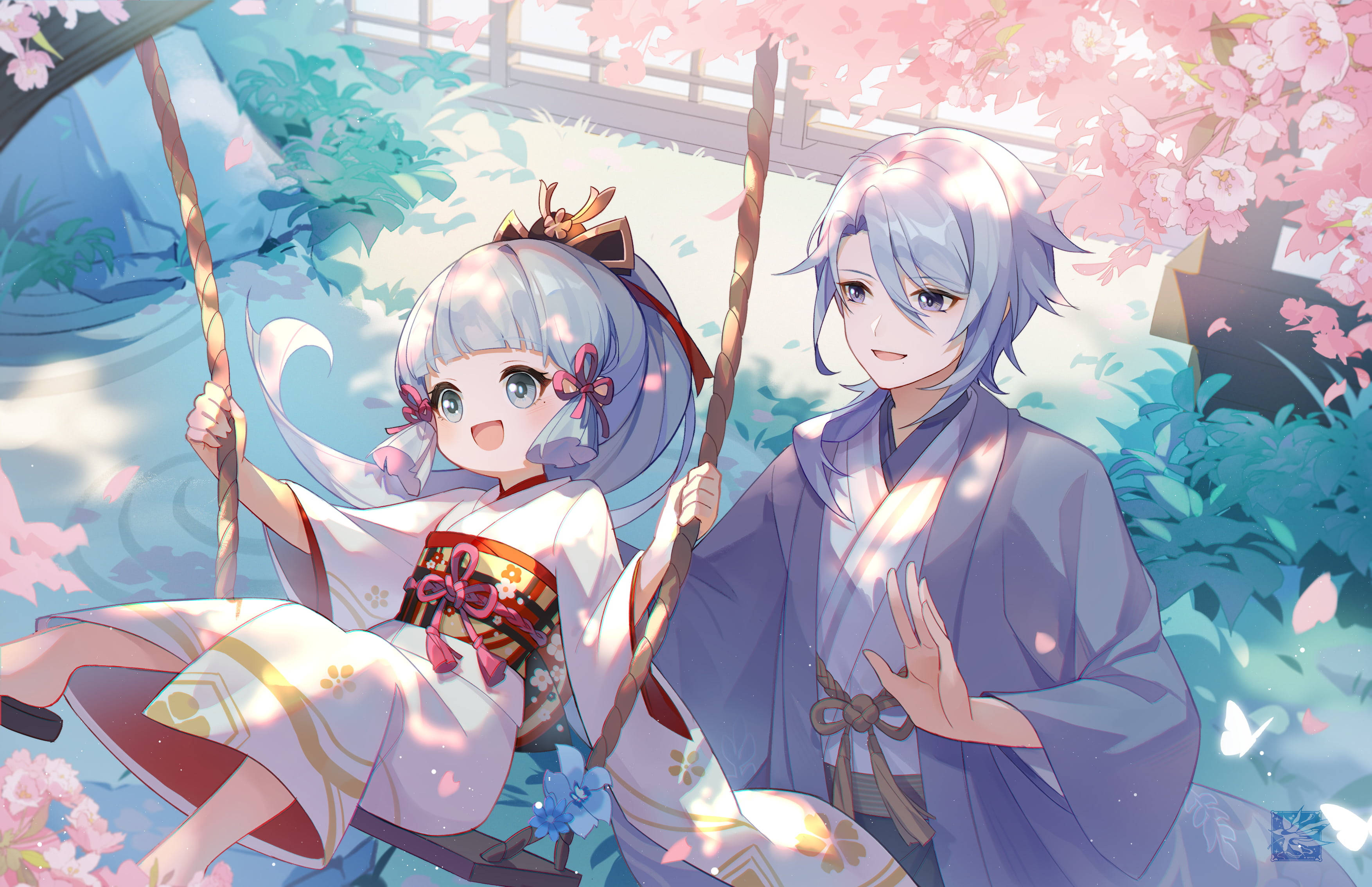ayato 桌布 壁紙 — 兩個穿著傳統長袍的動漫角色在盛開的櫻花下共享鞦韆上的歡樂時光。