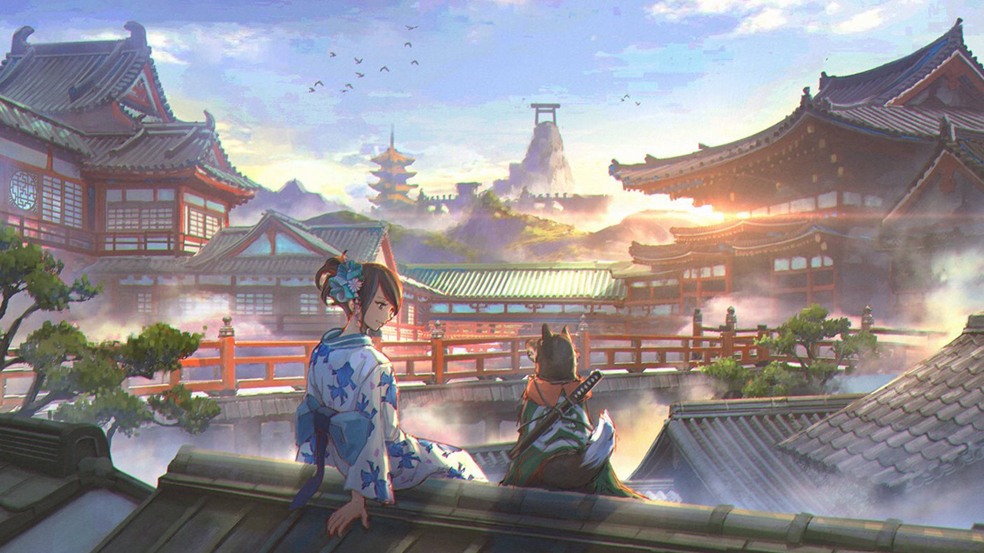 動漫狗 桌布 壁紙 — 兩個穿著傳統長袍的動漫角色坐在屋頂上，俯瞰著金色時刻薄霧籠罩的日本寺廟小鎮。