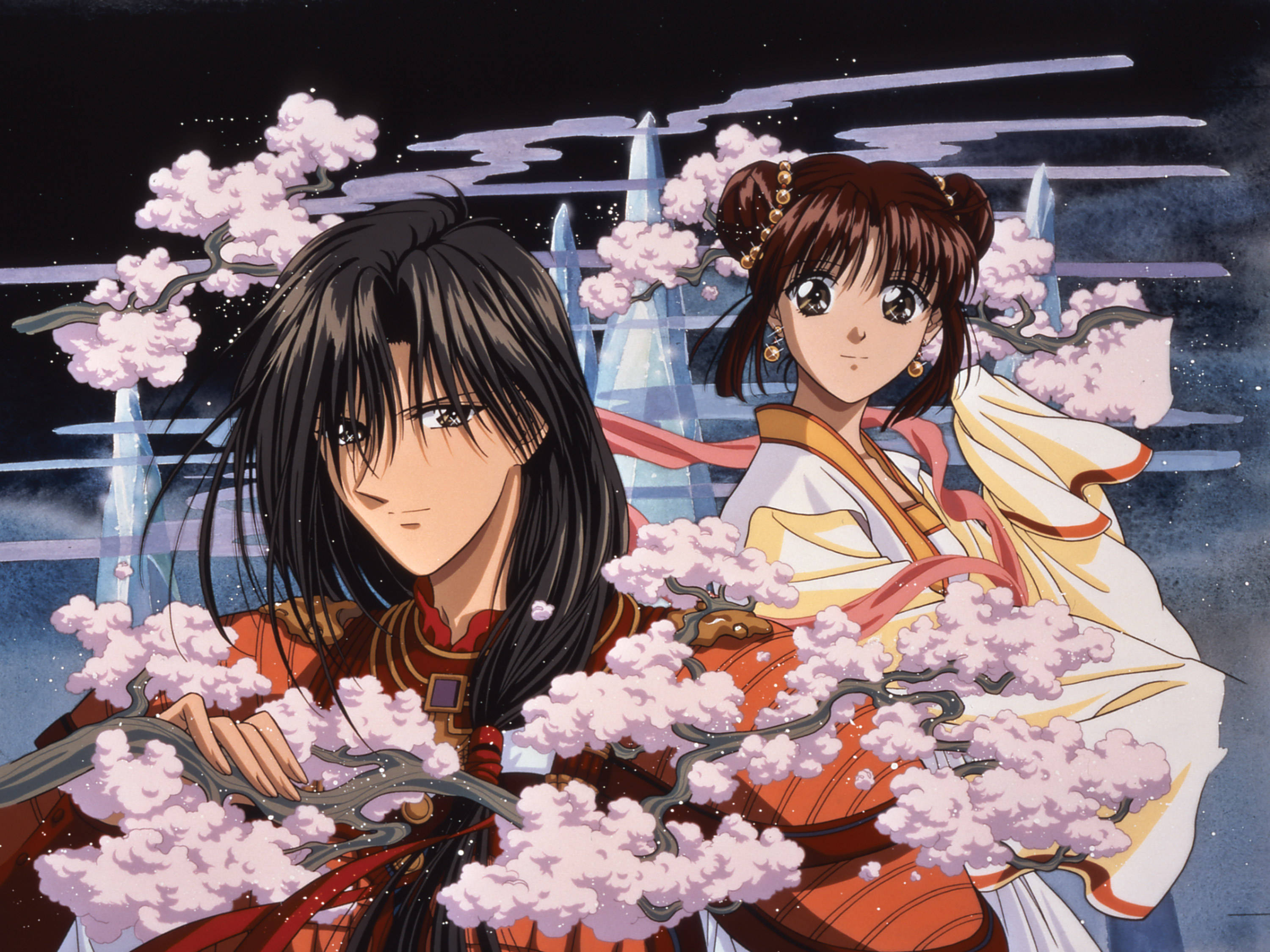 Fushigi Yuugi 桌布 壁紙 — 兩個穿著傳統長袍的動漫角色站在盛開的櫻花中，在繁星點點的夜空下，有未來主義的尖塔。