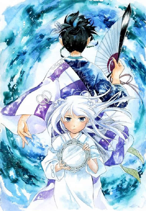 Hakudoshi 桌布 壁紙 — 兩個穿著傳統長袍的動漫角色背靠背站立，背景是旋轉的藍色水彩畫。