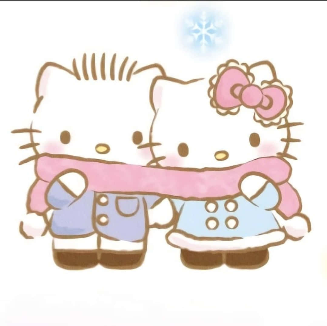 Dear Daniel 桌布 壁紙 — 兩個穿著冬季外套的Hello Kitty角色在雪花下共享一條粉紅色圍巾。