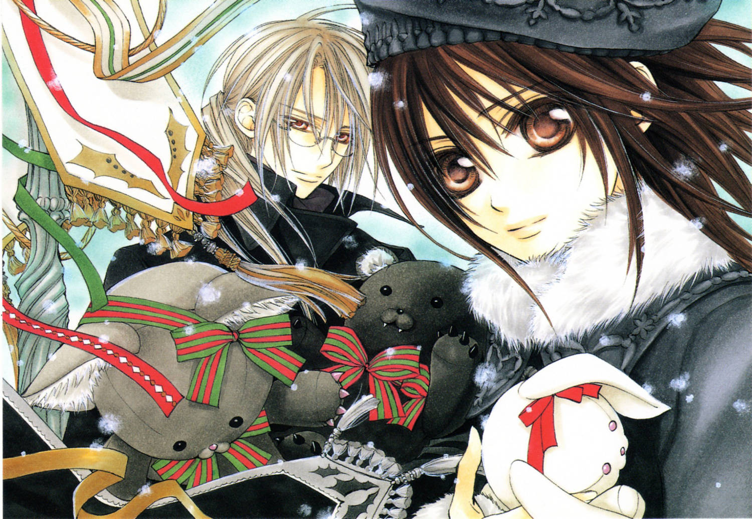 Vampire Knight 桌布 壁紙 — 兩個穿著冬季外套的動漫角色在雪花飄落時抱著節日毛絨玩具。