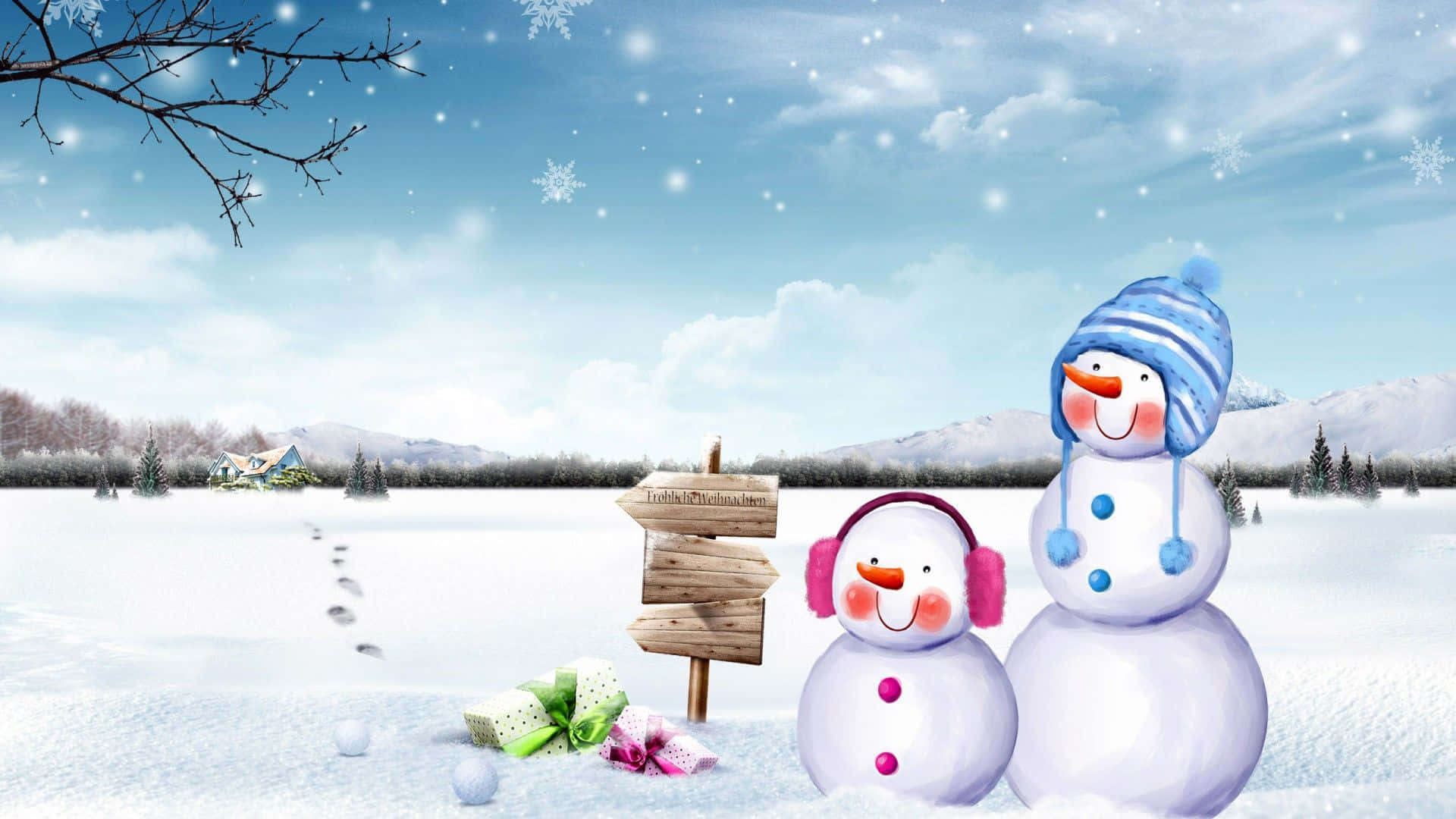 Cute Winter 桌布 壁紙 — 兩個穿著冬季服裝的快樂雪人站在雪地裡的木牌旁邊，雪花飄落。