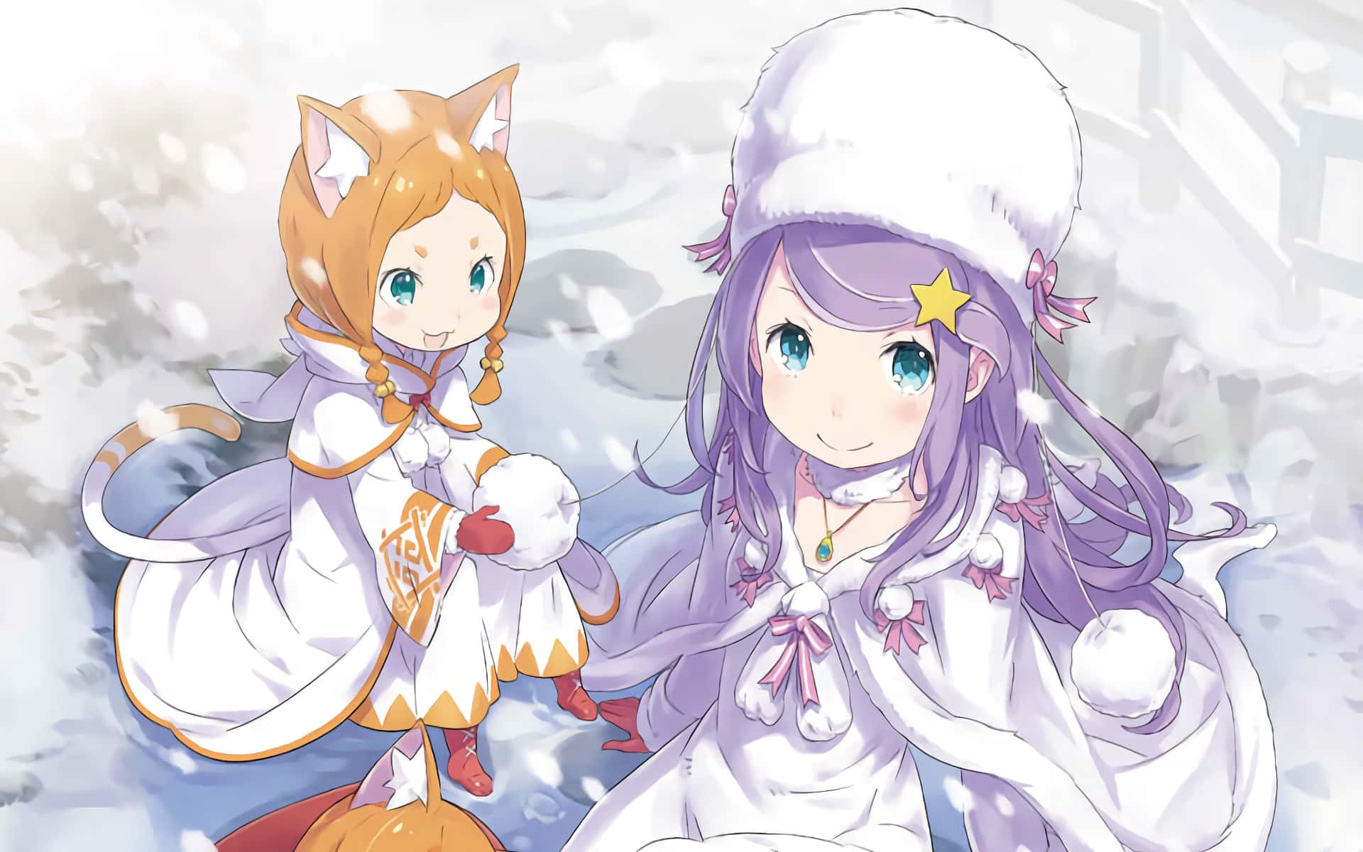 Anastasia Hoshin 桌布 壁紙 — 兩個穿著冬季服裝的開心動畫女孩站在一起，雪花輕輕飄落在她們周圍。
