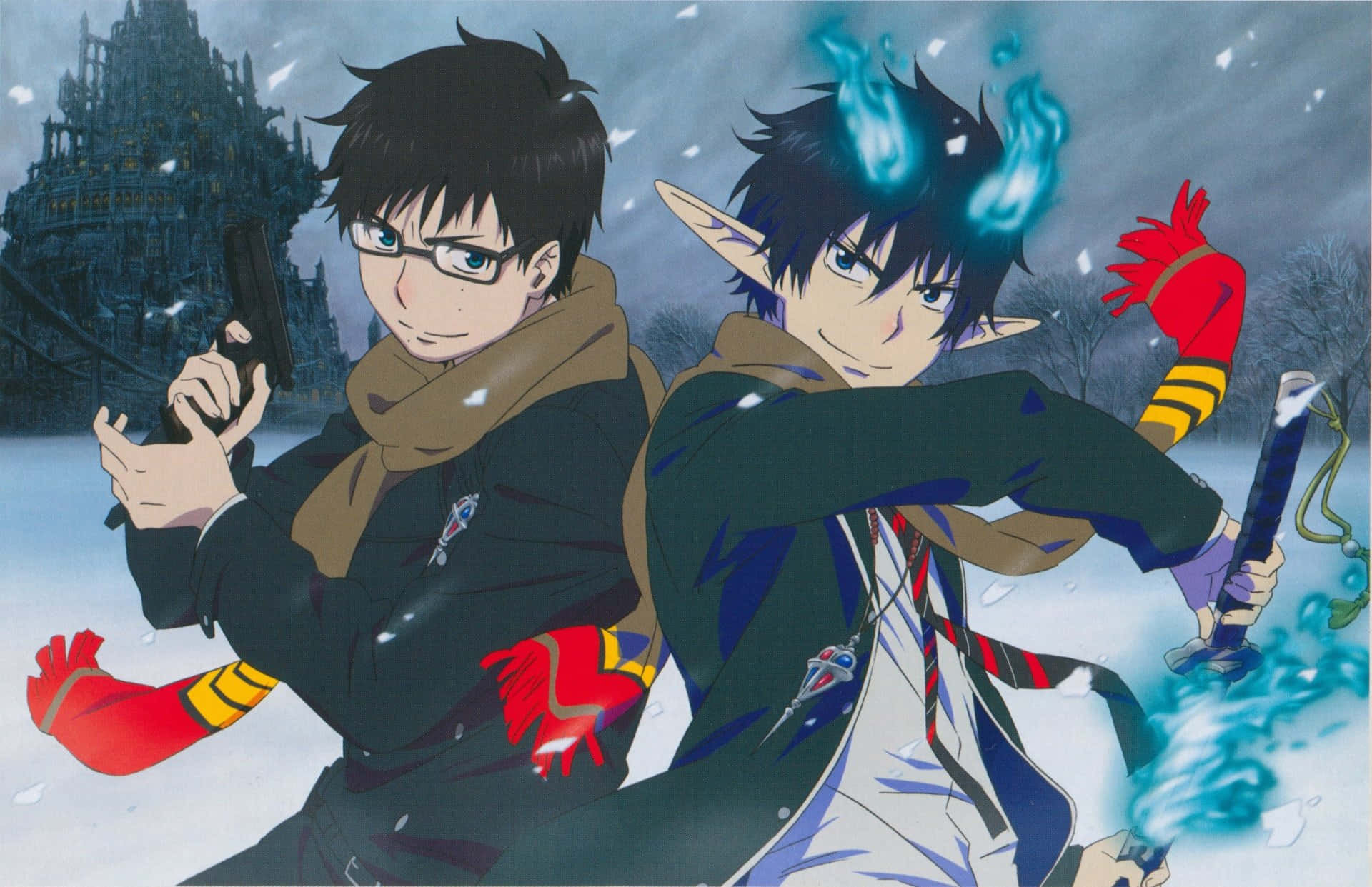Blue Exorcist 桌布 壁紙 — 兩個穿著冬季裝備的動漫男孩背對背站立，手持武器，背景是雪城堡。